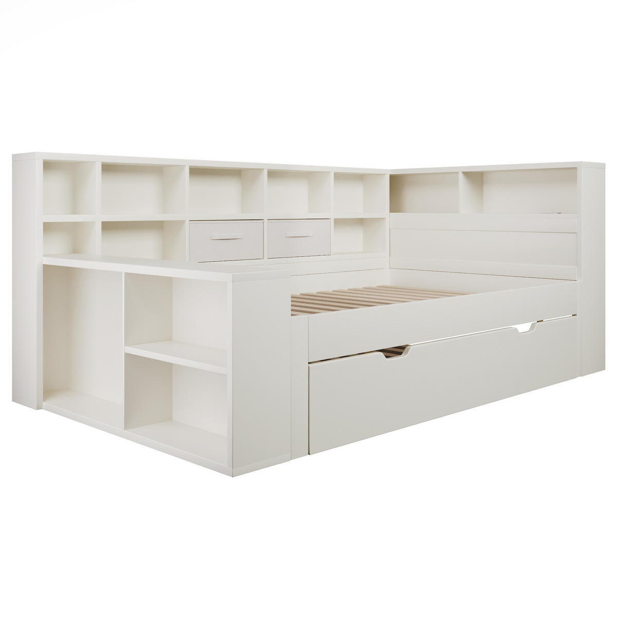 AUSZIEHBETT 90/190 cm DE-00789, in Weiß, USB-C und 3 Ablageflächen - Weiß, Holz (90/190cm) - ComfortXL