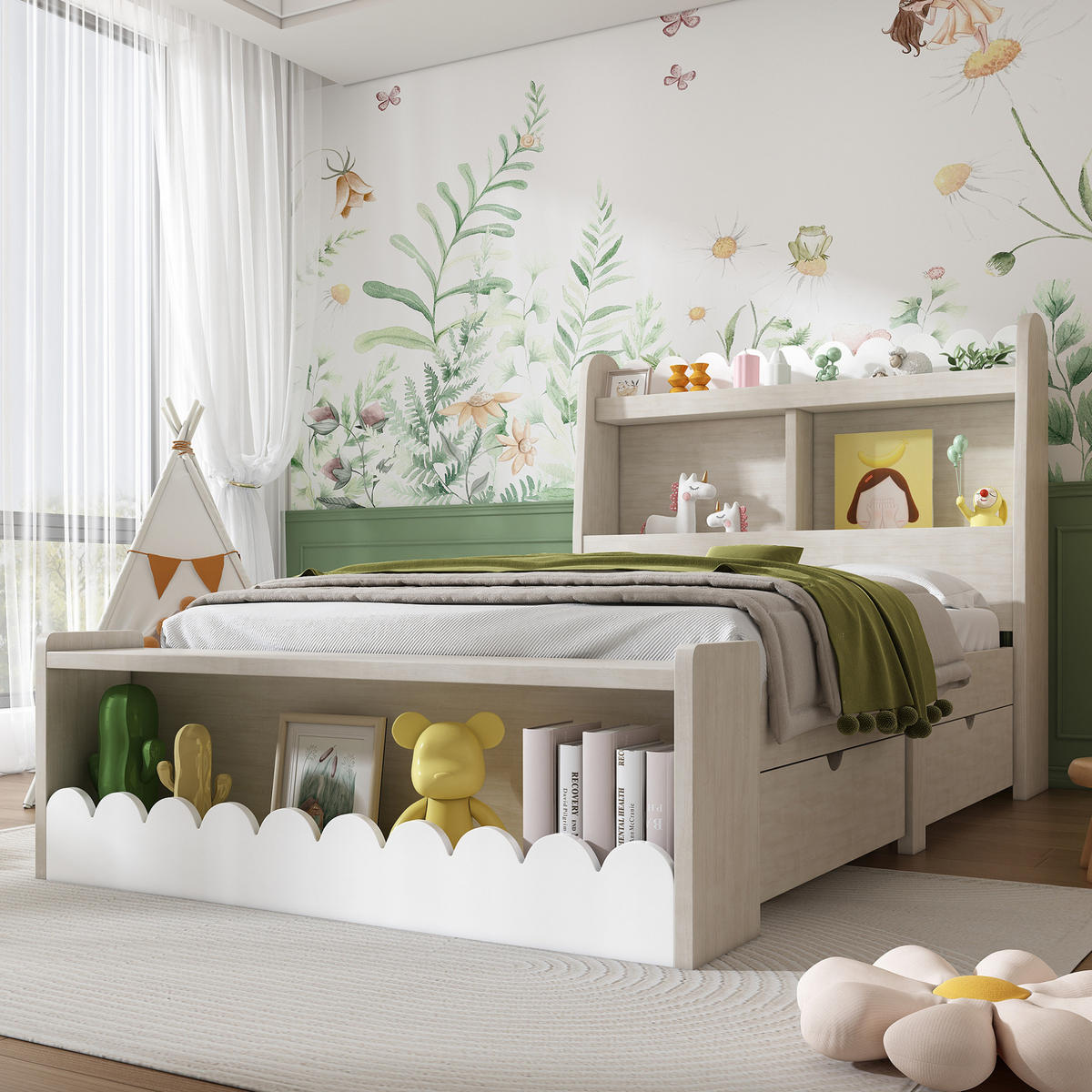 KINDERBETT aus Massivholz und MDF 90x190 cm Weiß/Eichefarben mit Schubladen und Stauraum - Beige, Holzwerkstoff (90/190cm) - IVMEU