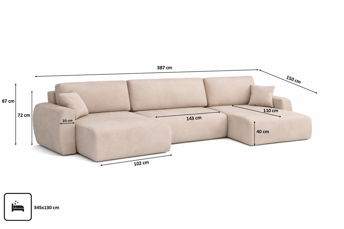 ECKSOFA Mit Schlaffunktion Und Bettkasten U-Form Ariel U XL, Veloursstoff Salvador, Beige - Beige, Holz (387/142cm) - Kaiser Möbel