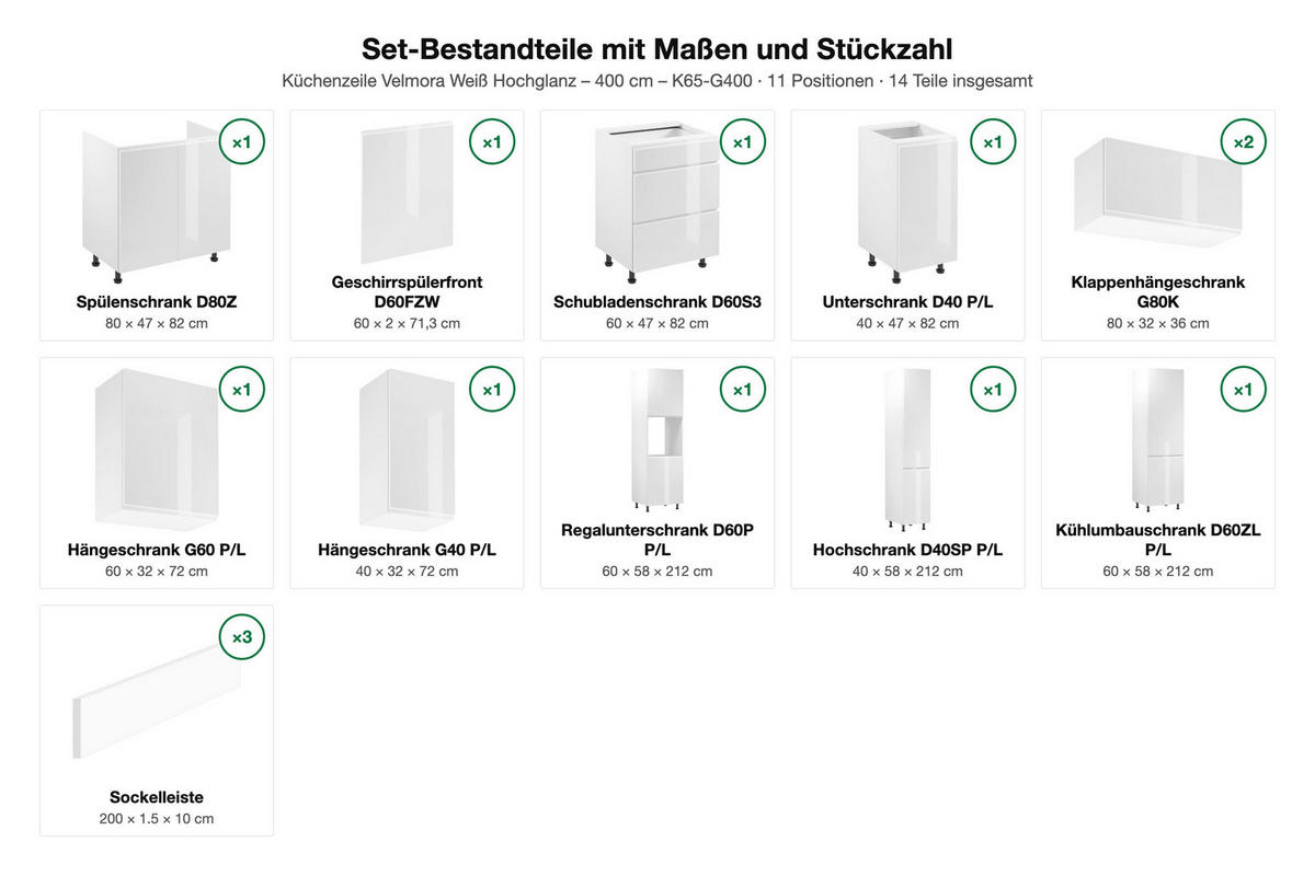 KÜCHENZEILE – 240 cm – K65-G400 – Velmora – Weiß – ohne E-Geräte - Weiß, Holz (400/212/58cm) - ROYAL24_MARKT