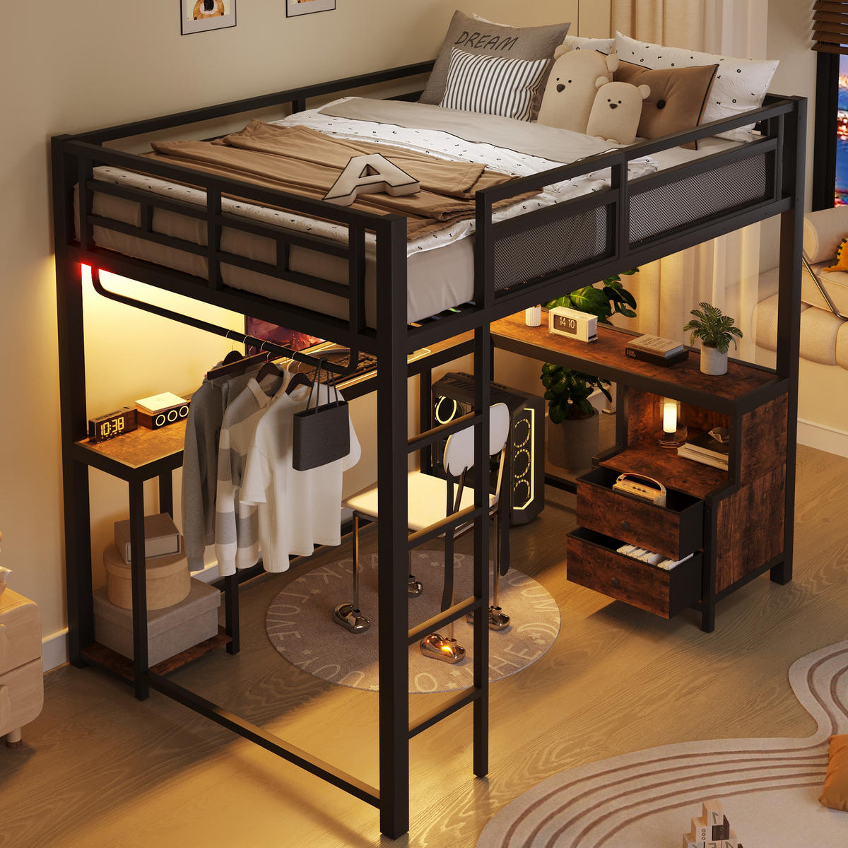 HOCHBETT 140/200 cm in Schwarz Metall und Holz mit LED, USB, Schreibtisch und Ablagefächern - Schwarz, Holzwerkstoff/Metall (140/200cm) - WISHDOR