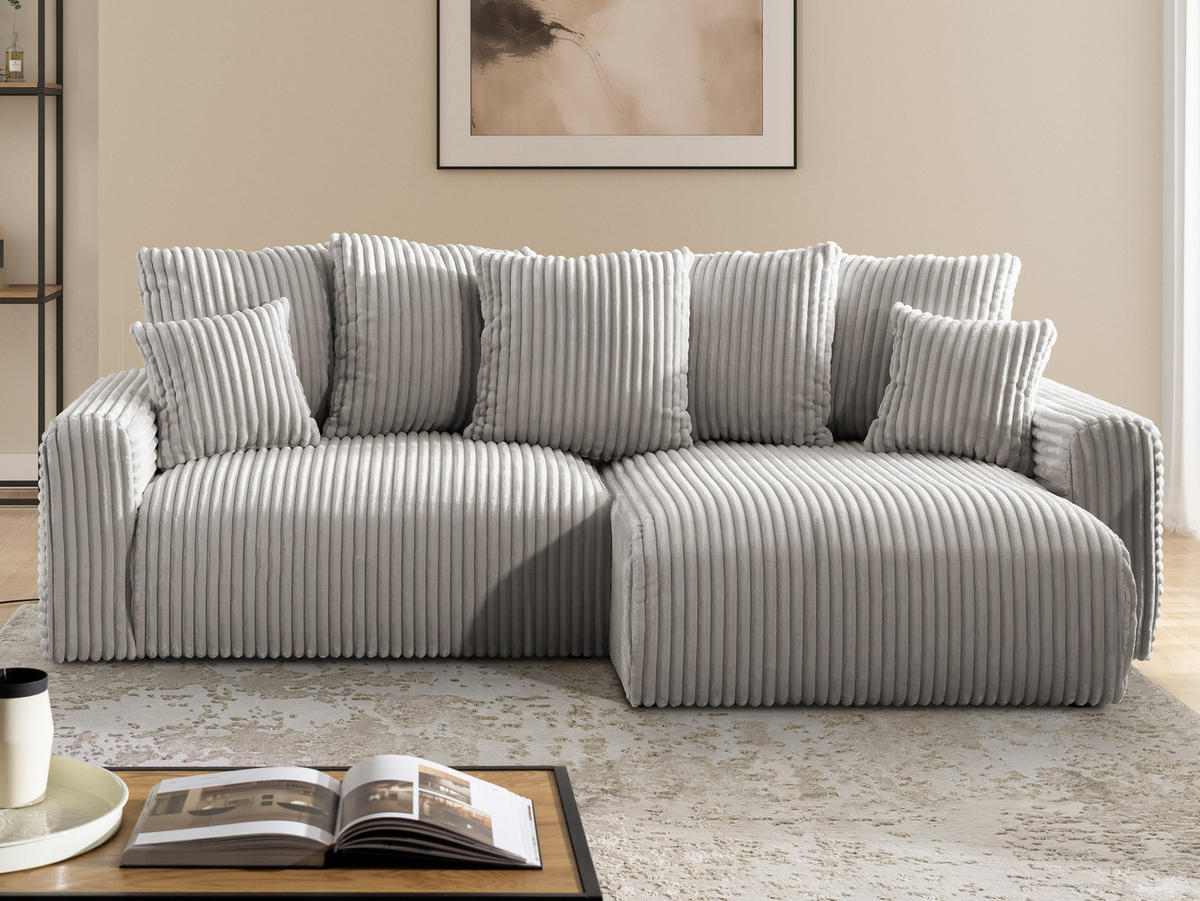 ECKSOFA Calma mit Schlaffunktion und Bettkasten im Bumpy-Design aus weichem Taupe Plüschcord - Ottomane rechts - Taupe/Schwarz, Holz/Kunststoff (140/239cm) - S-Style