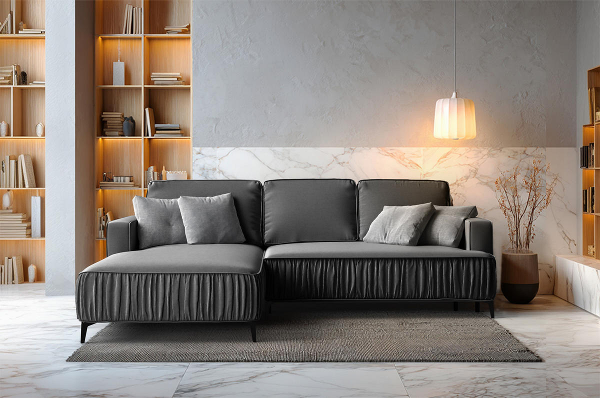 ECKSOFA Glanz rechts – Grau, mit Schlaffunktion und Bettkasten - Grau, Textil (268/177cm)