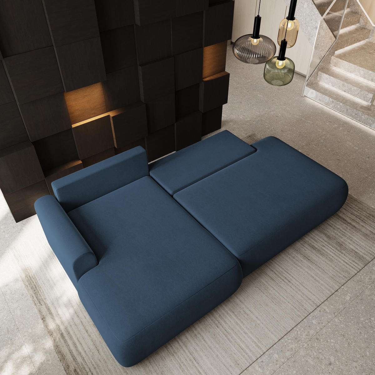 ECKSOFA NUVIRA CL L-S Blau Samtstoff mit Schlaffunktion - Blau, Holzwerkstoff/Textil (279/158cm) - MASSENO