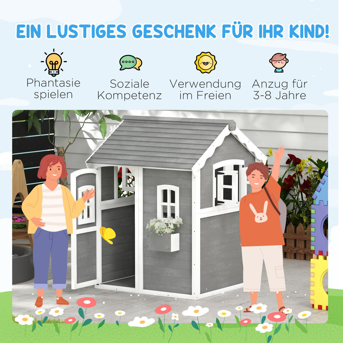 SPIELHAUS für Kinder, Indoor- und Outdoor-Haus mit Tür, Fenstern, Grau - Grau, Holz (104.5/137/110cm) - Outsunny