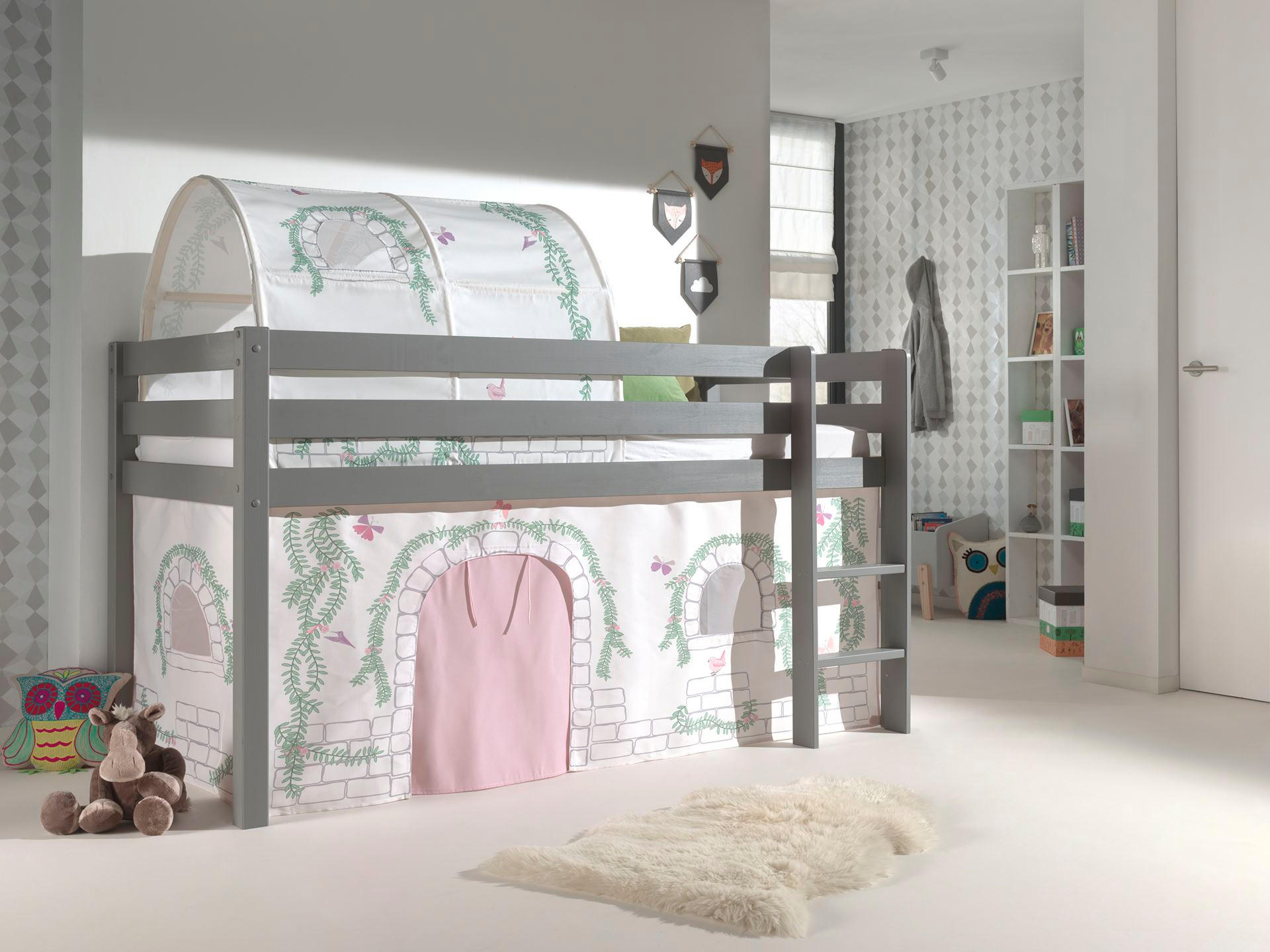 KINDERBETT Karolina 210x114x106 Massivholz Grau Textilset Burg 2 - Hellgrau/Grau, Holz (90/200cm) - 58aufmkessel