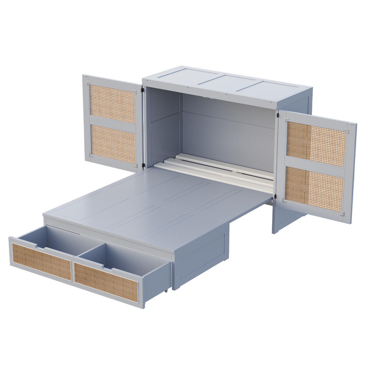 ZIDNI krevet od drva 140x200 cm sivi sa spremišnim ladicama, rotirajućim vratima 270° i ratan detaljima - siva, drvni materijal (135/190cm) - Modfu