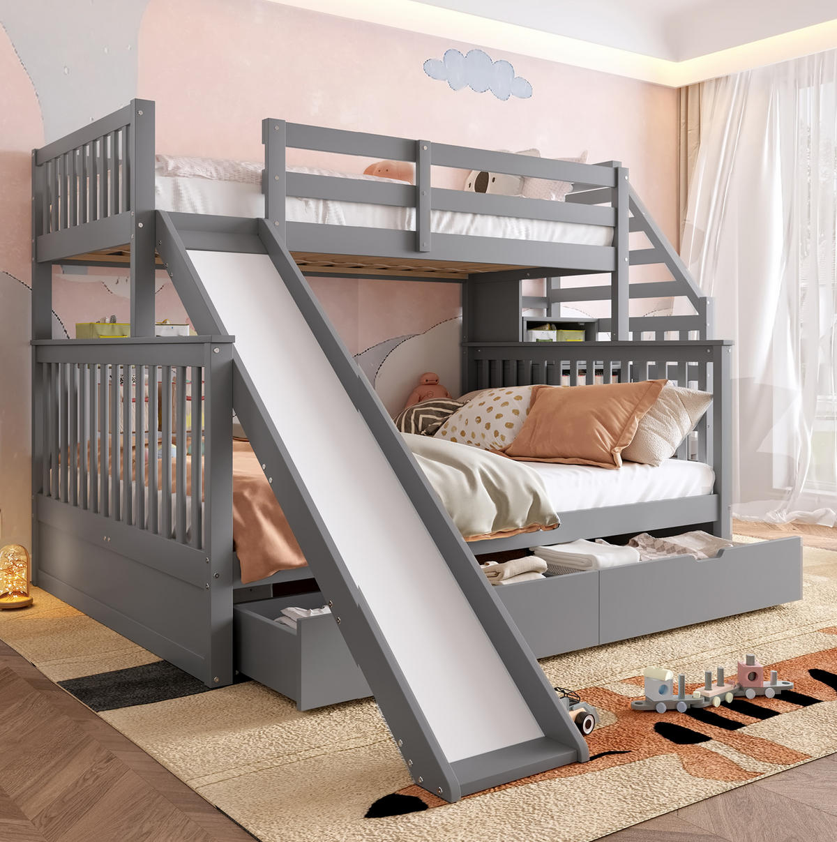 ETAGENBETT 90/200 über 140/200 cm mit Rutsche und Schubladen - Grau, Holz (90/200cm) - BEAOK