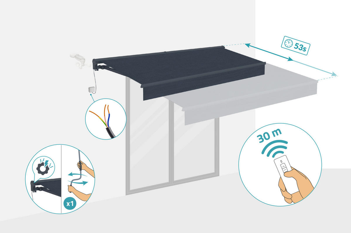 HALBKASSETTENMARKISE Fazzio Graue 3m x 2,5m motorisierte - Premium-Leinwand 320g/m² - Grau, Metall (300/270/250cm) - Cazeboo