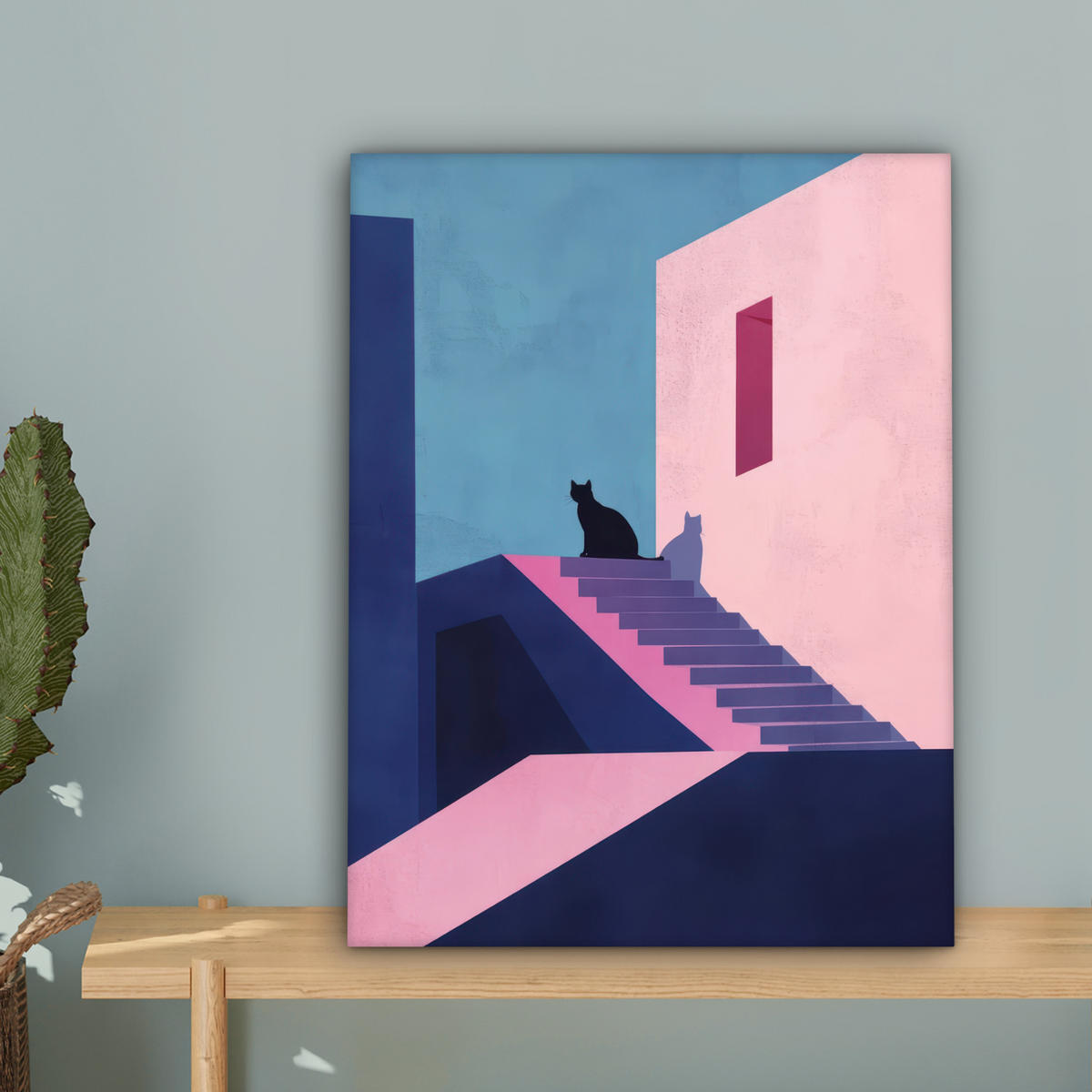 LEINWANDBILD Katze - Treppe - Gebäude - Schattenkontraste Room Decor 30x40 cm - Dunkelblau, Textil (30/40cm) - MuchoWow