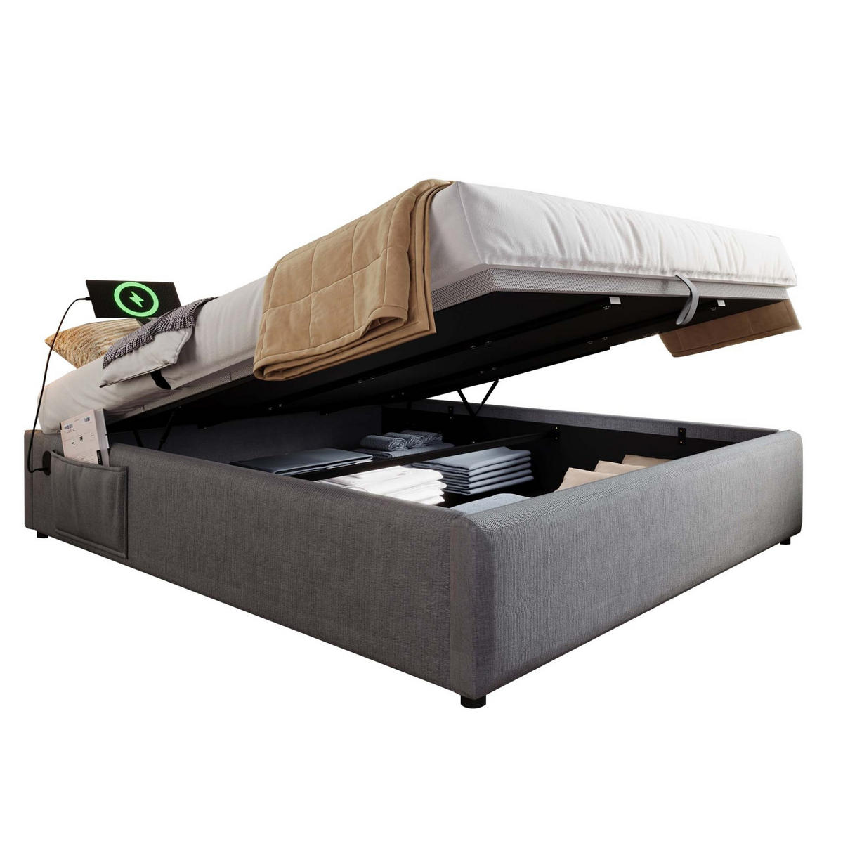 POLSTERBETT 140/200 cm Grau Stauraumbett mit USB- und Type-C-Anschlüssen - Grau, Textil (140/200cm) - OKWISH