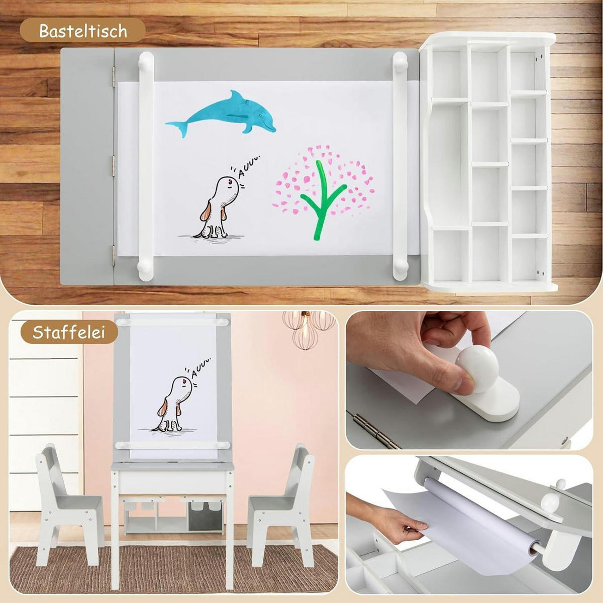 KINDERTISCH mit 2 Stühlen 3-teiliges Set Grau - Weiß, Holz (60/60/120cm)