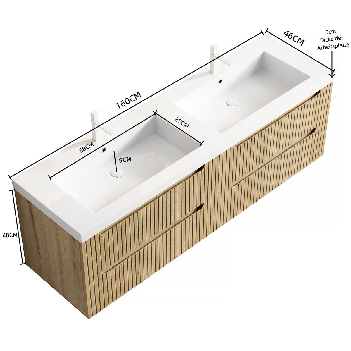 WASCHTISCHUNTERSCHRANK 160x46x53cm Weiß/Weißeiche mit Kunststeinbecken - Eichefarben, Kunststoff (160/53/46cm) - Modfu