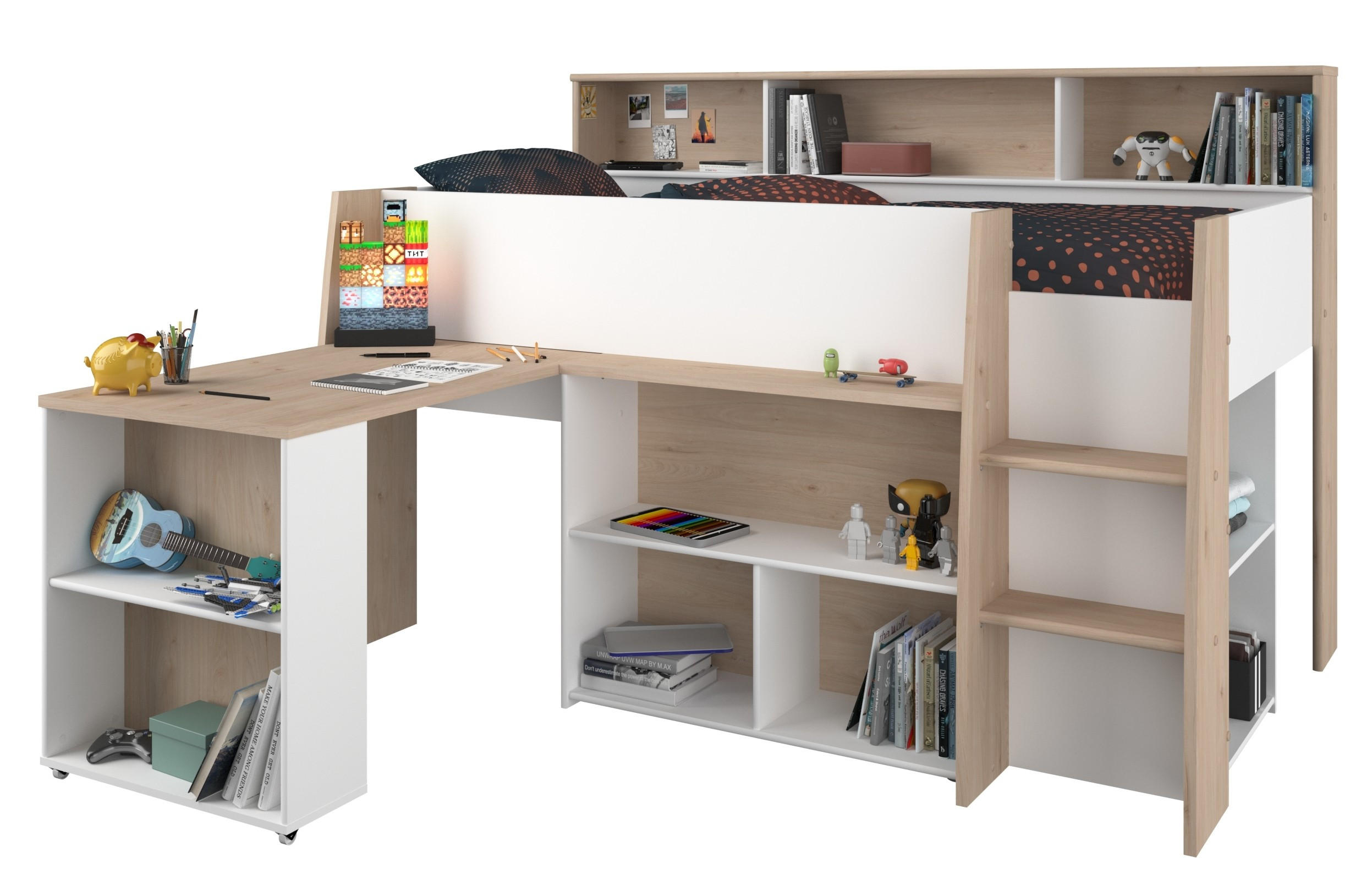 HOCHBETT Lucas 2 in Japanische Eiche - Weiß 90 x 200 cm - Eichefarben/Weiß, Holz (90/200cm) - Parisot Meuble