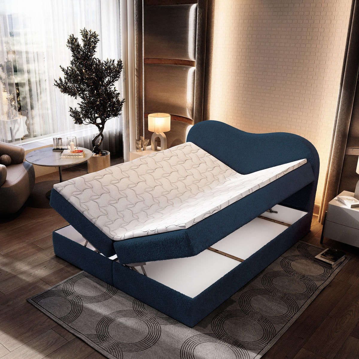 BOXBETT FLUVIA N 140x200 cm mit Matratze und Topper - Blau - Blau, Holz (140/200cm) - MASSENO