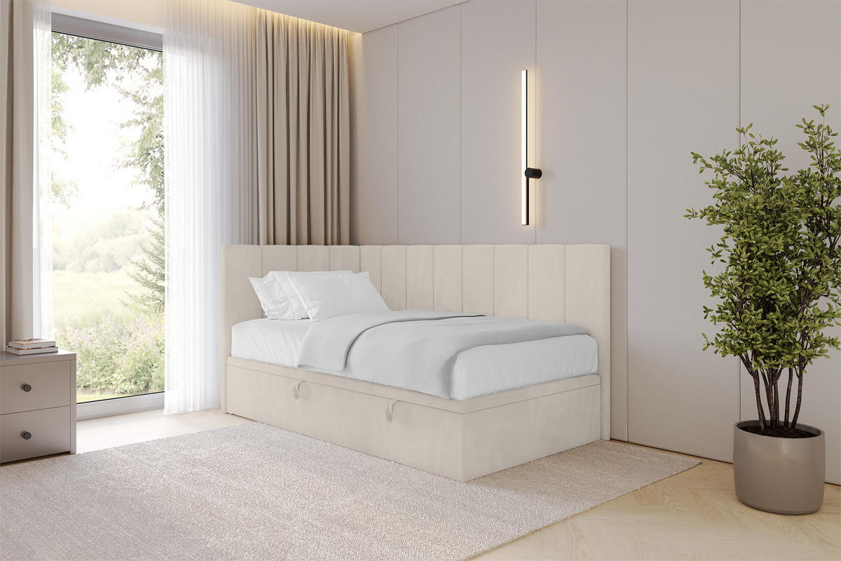EINZELBETT Jugendbett mit Bettkasten Rechts, mit Matratze - LOVY 90x200 Beige - Beige, Holzwerkstoff/Textil (90/200cm) - ALTDECOR