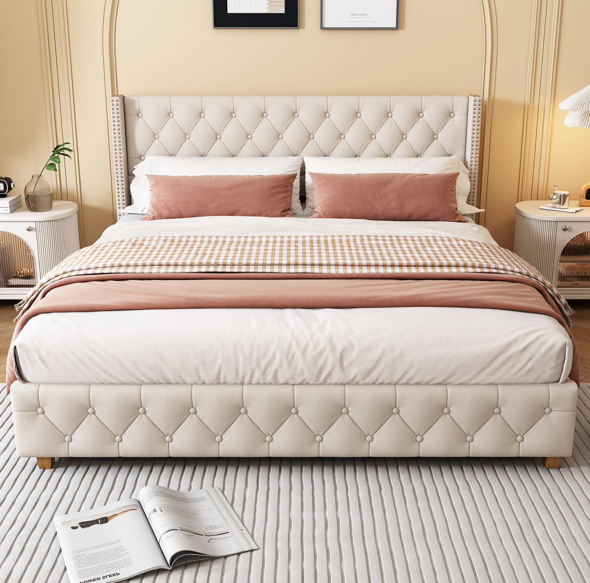 POLSTERBETT mit Lattenrost 180x200 cm Leinen Beige - Weiß, Metall (180/200cm) - Meubliv