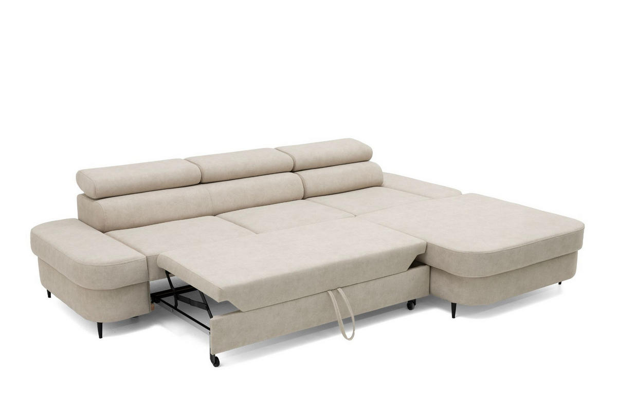 ECKSOFA JAZZ L Rechts mit Schlaffunktion 127x216 Velours Beige - Beige/Schwarz, Holz/Textil (237/285cm) - Muffo