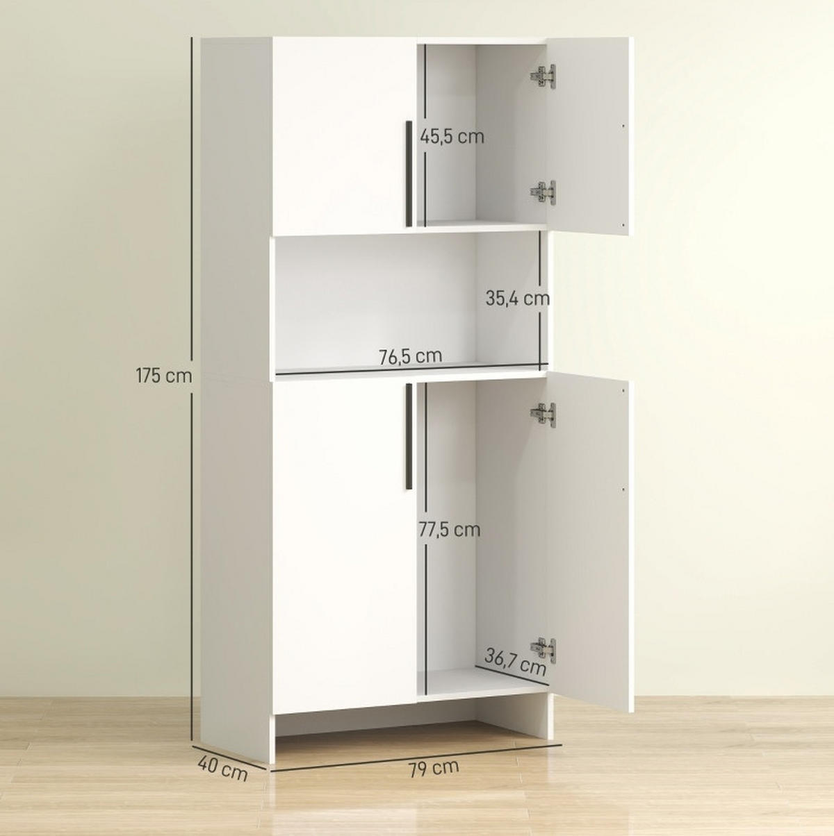BUFFET 79/40/175 cm aus melaminbeschichteter Spanplatte mit Mikrowellenablage Weiß - Weiß, Holz (79/175/40cm) - Modenvie