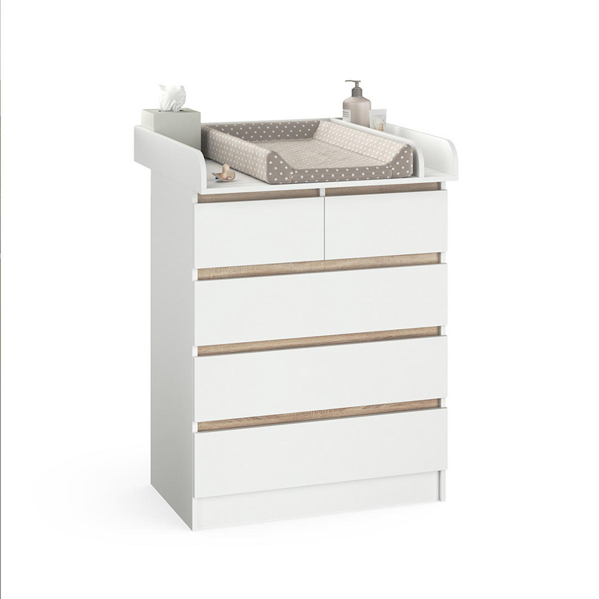 KOMODA ZA PRESVLAČENJE Emma Bijela-Sonoma 80 x 110.2 cm s 5 ladica - bijela/svijetlo smeđa, drvni materijal (80/110.2/76cm) - Vicco