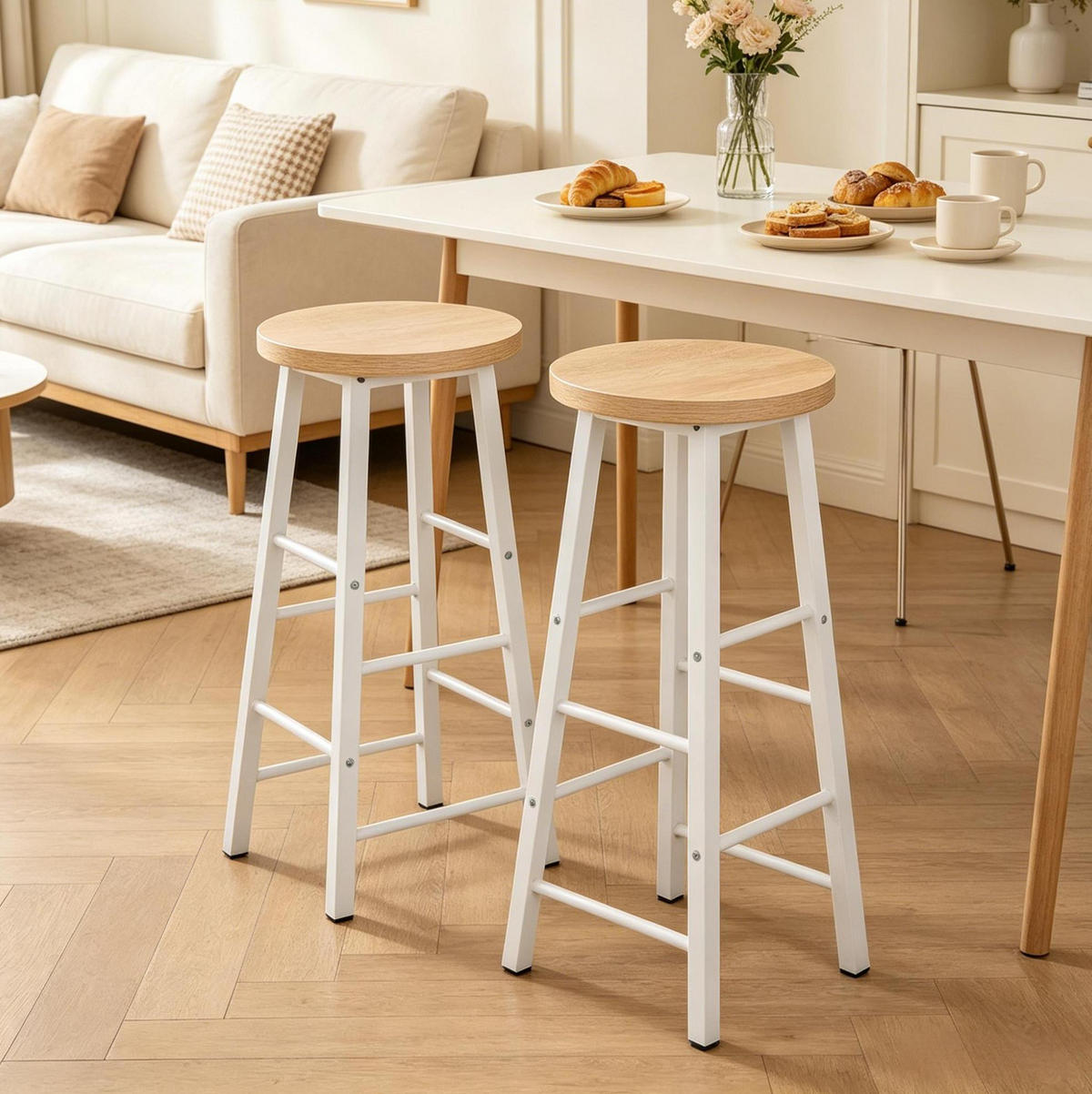 BARHOCKER 2er-Set mit Fußlehne Light Oak - Weiß, Metall (30/71/30cm) - Meubliv