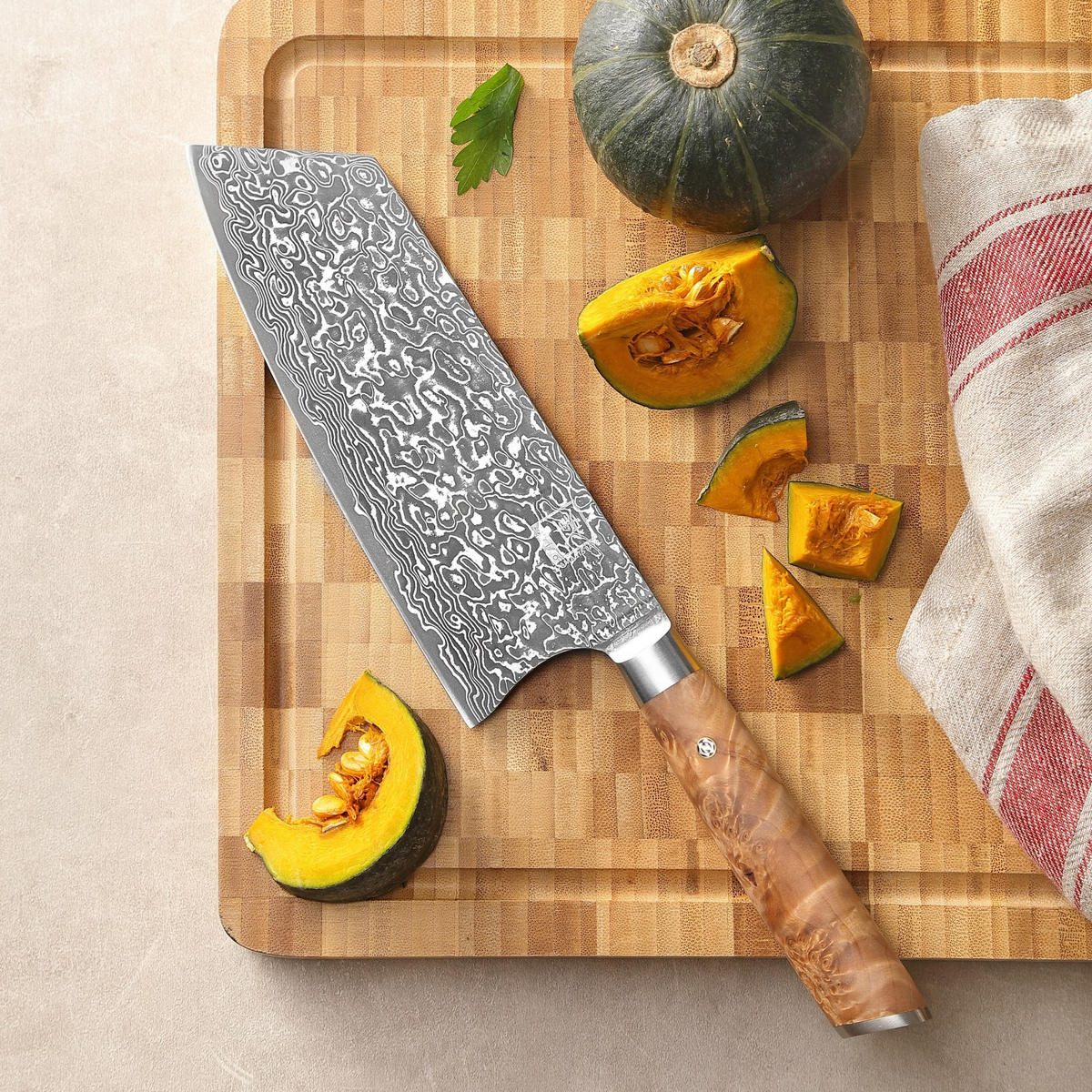 BLOCKMESSER Kiritsuke Kinone Damast - Birkefarben, Holz/Metall (34cm) - Zayiko