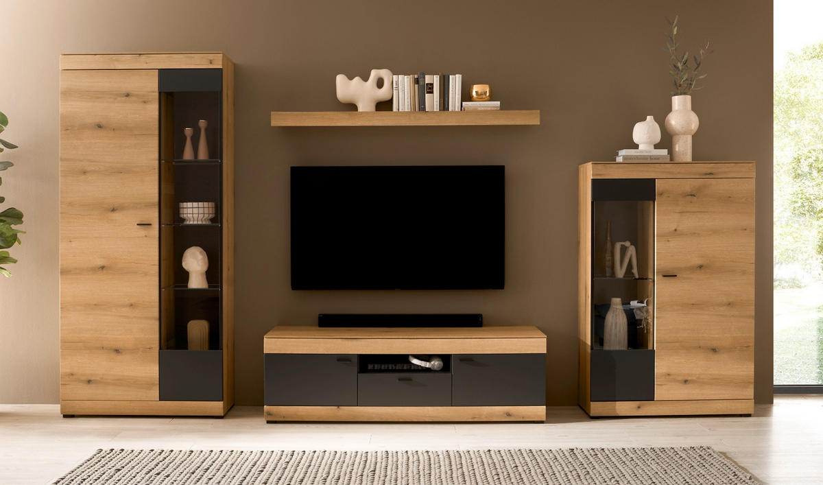 WOHNWAND Eiche, grau 350 cm 4-teilig, Wohnzimmer Set mit Soft-Close - Kaschmir/Eichefarben, Glas/Holzwerkstoff (350/201/45cm) - Furn.Design