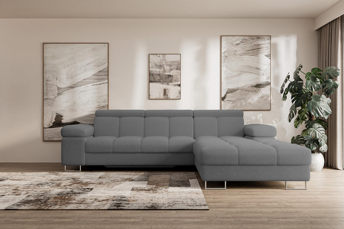 ECKSOFA mit Schlaffunktion Ottomane Rechts COMA L 271x203x79 Grau Bouclé - Chromfarben, Holzwerkstoff/Textil (203/271cm) - ALTDECOR