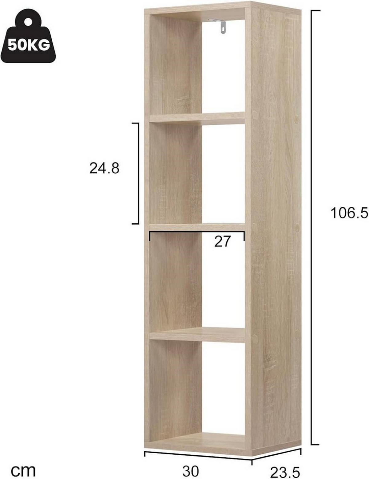 BÜCHERREGAL mit 4 Ebenen, 30x106,5x23,5 cm, Helle Eiche - Eichefarben, Holzwerkstoff (30/106.5/23.5cm) - Woltu