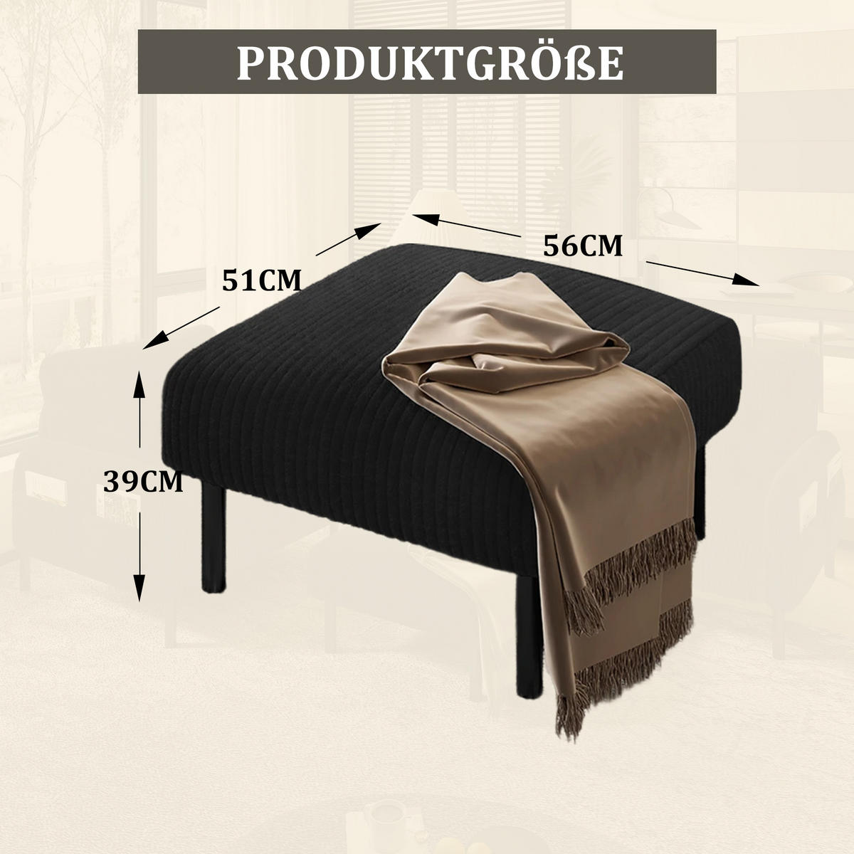 HOCKER Fußhocker Cord,Schwarz - Schwarz, Textil (56/39/51cm) - LVHOM