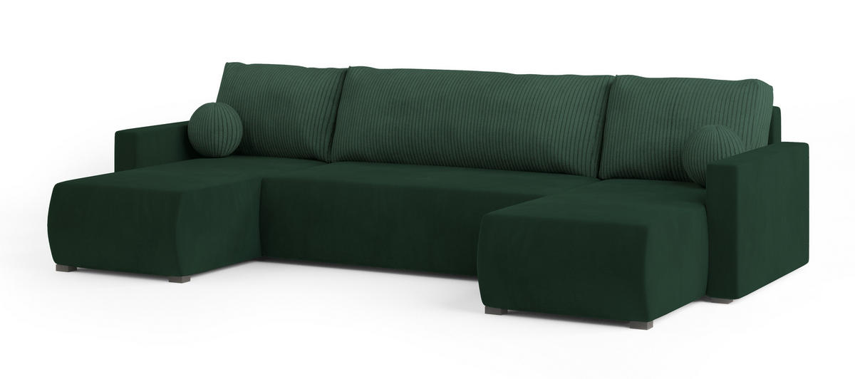WOHNLANDSCHAFT TESSUN Grün Plüsch-Stoff mit Schlaffunktion - Grün, Holz (286/85/143cm) - MASSENO