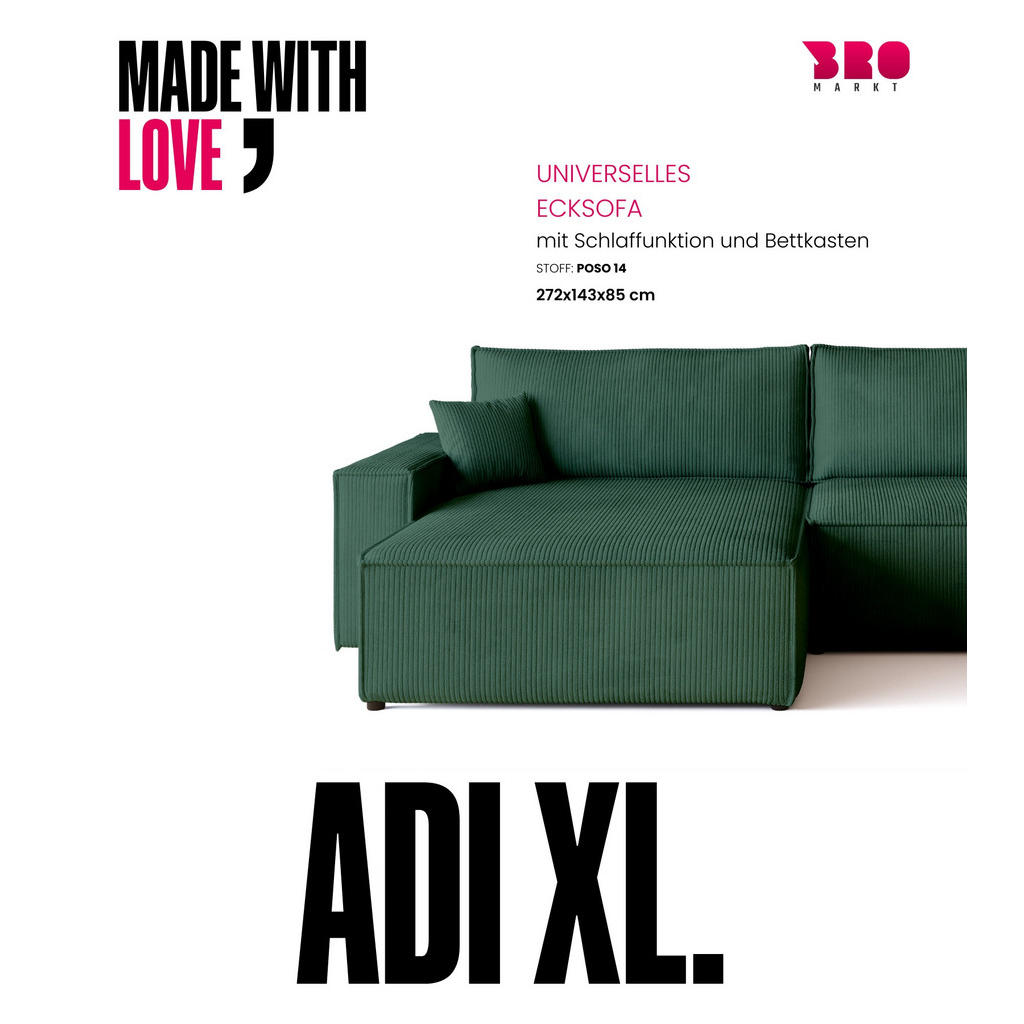 Thumbnail - Bromarkt Ecksofa, Dunkelgrün, Textil, 4-Sitzer, L-Form, 272x143 cm, Wohnzimmer, Sofas & Couches, Wohnlandschaften, Eckso...