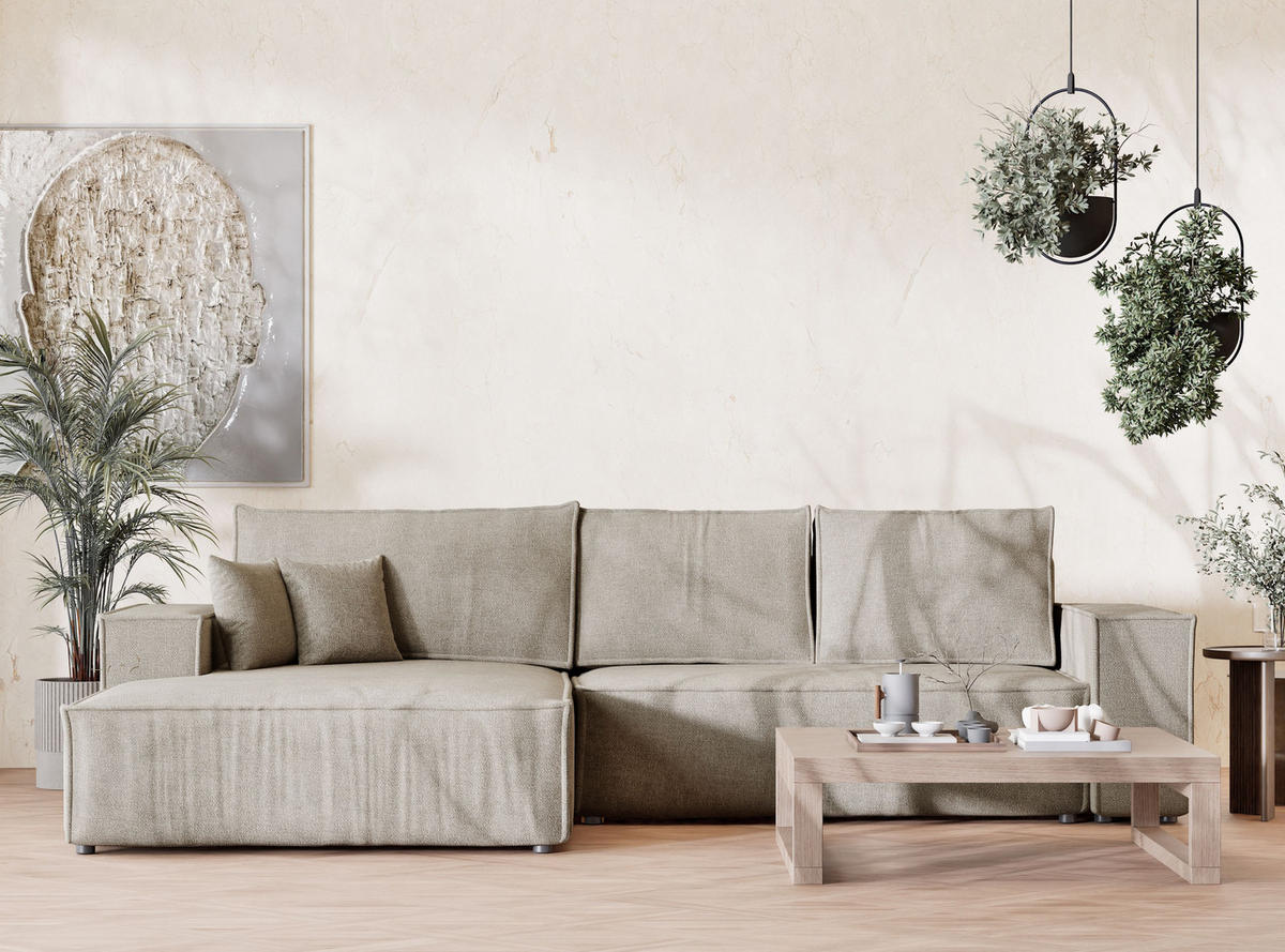 ECKSOFA Maze Beige Chenille-Stoff - Links Seite - Beige/Schwarz, Holz/Holzwerkstoff (185/294cm) - Maison de Reve