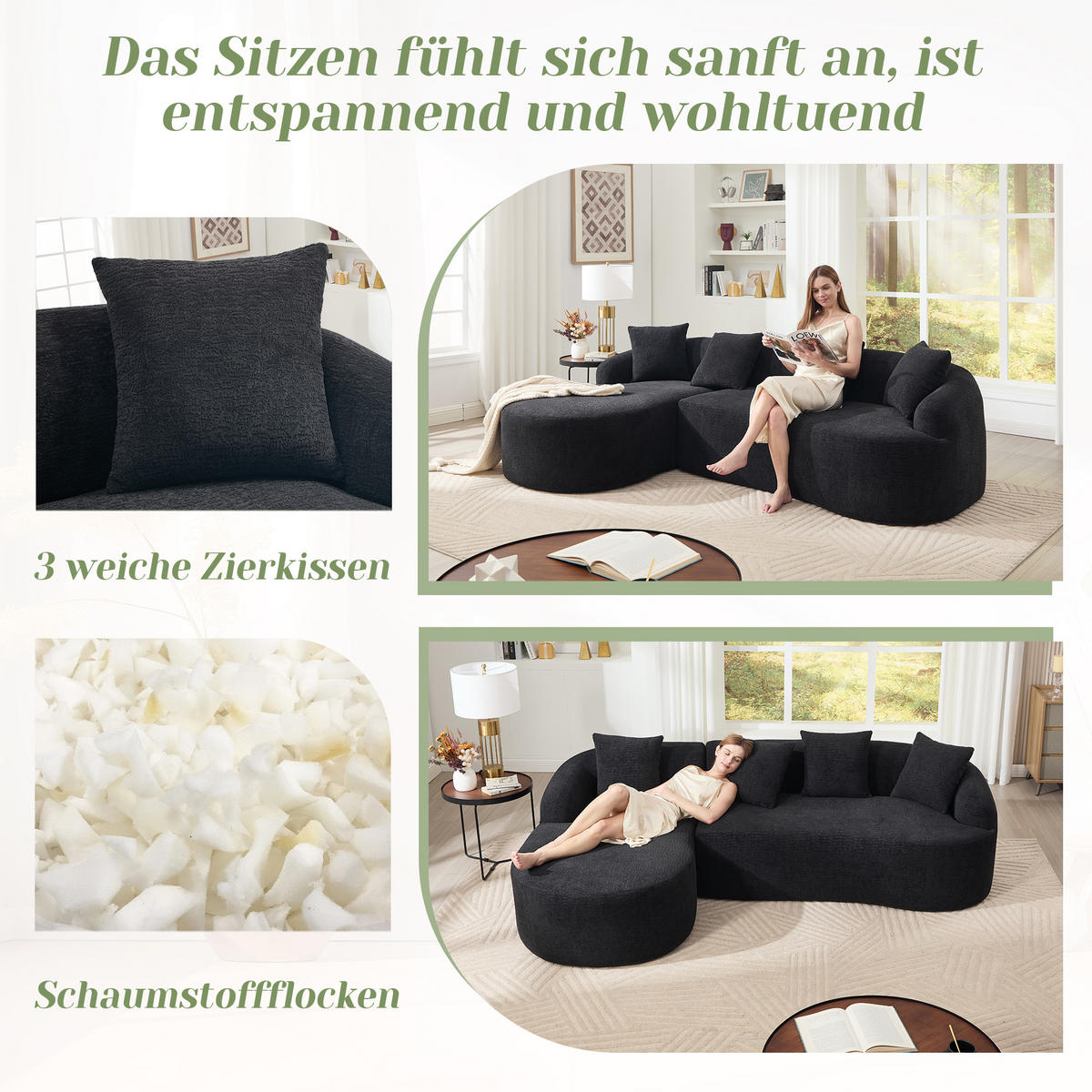 3-SITZER SOFA Chenille Schwarz mit Vakuumverpackung - Schwarz, Textil (243/150cm) - WISHDOR