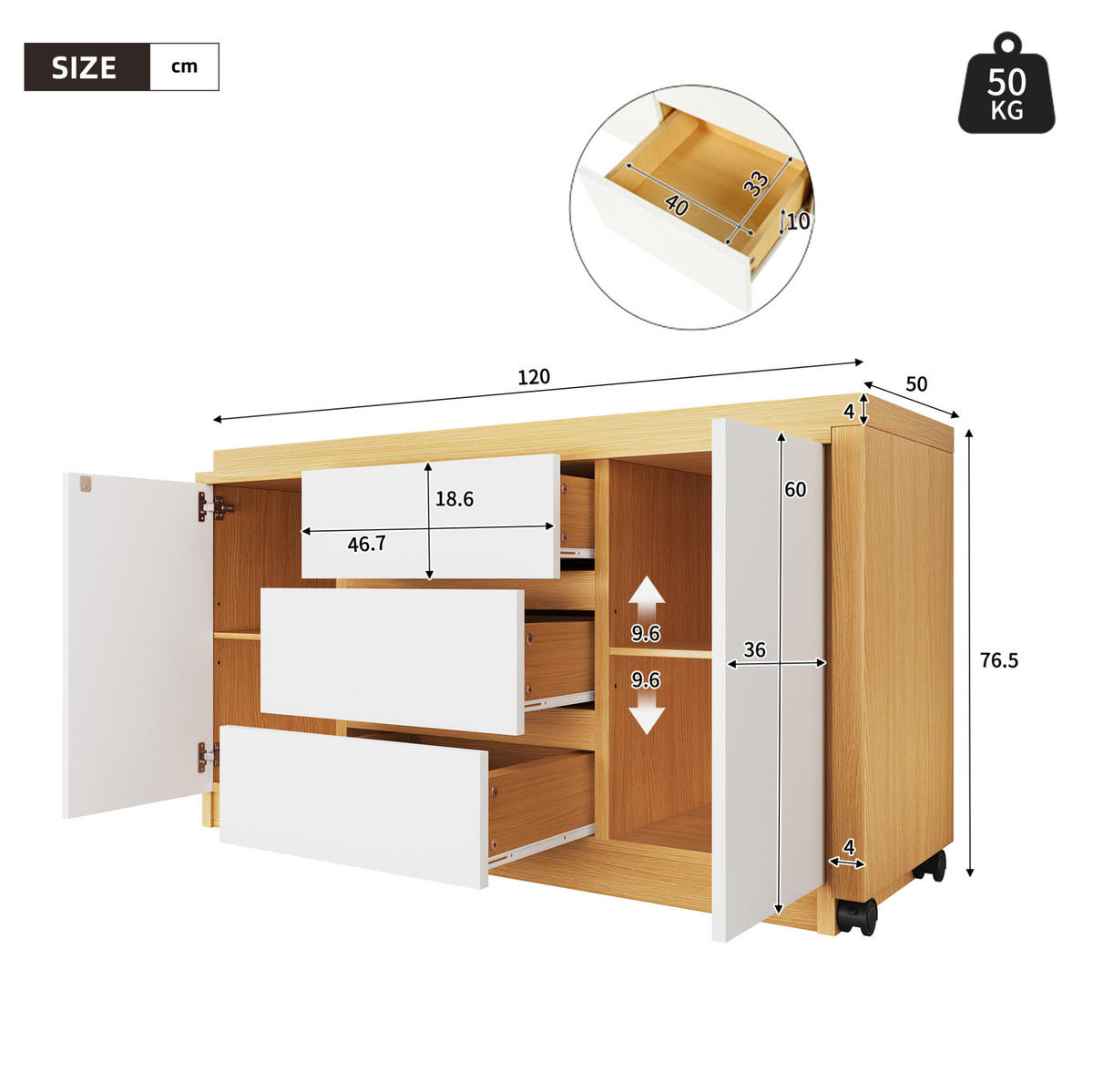 PSACÍ stůl, 120/50/76,5 cm, dřevodekor dub/bílá, otočný se skříňkou a zásuvkami - bílá, kompozitní dřevo (120/76.5/50cm) - BEAOK
