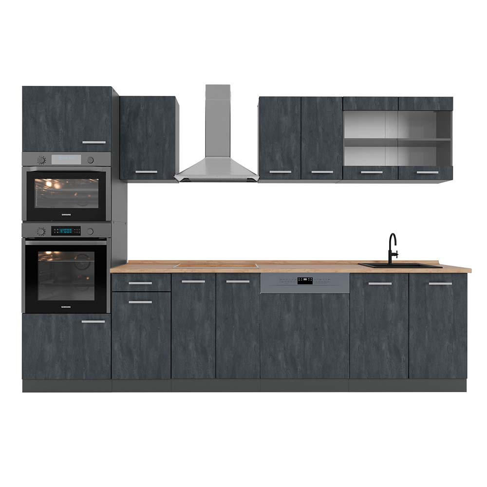 KÜCHENZEILE R-Line Schwarz Beton/Anthrazit 300 cm AP Eiche - Anthrazit/Schwarz, Holzwerkstoff (300/81.6/60cm) - Vicco