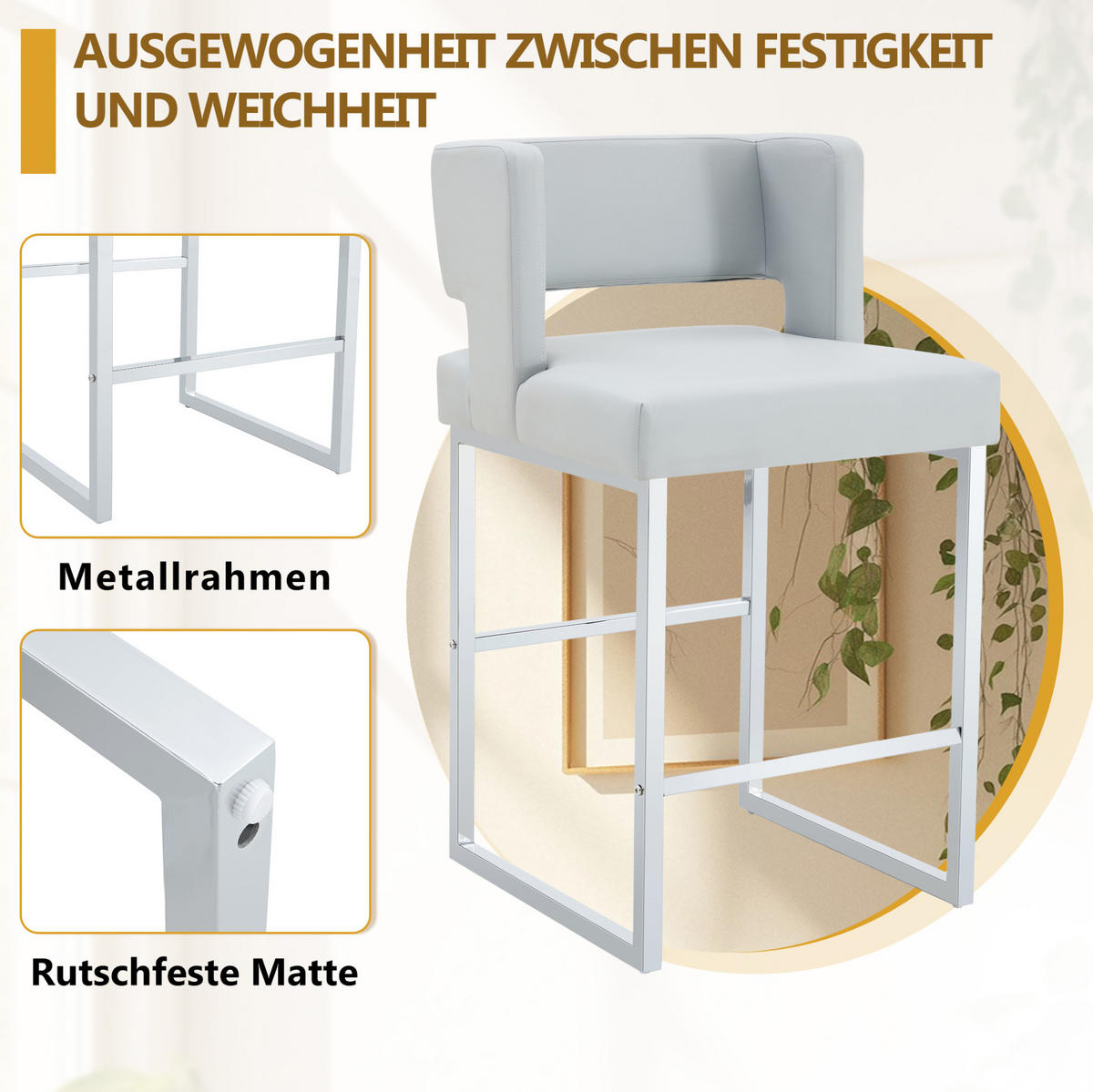 BARSTUHL 91,4 cm Hellgrau mit PU-Bezug - Hellgrau, Metall (53.3/91.4/48cm) - MIVRAY