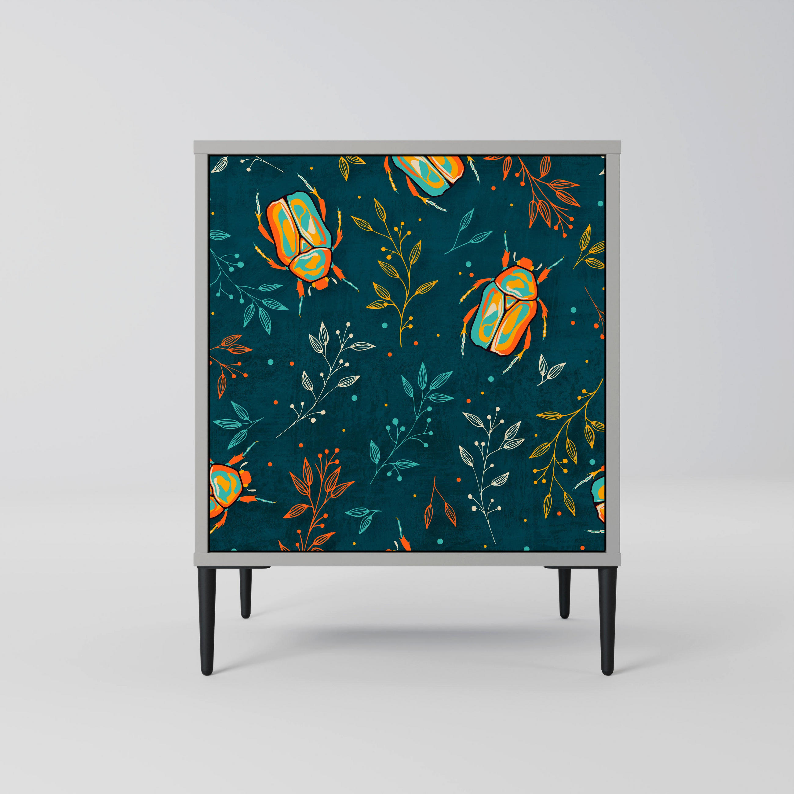 SIDEBOARD AUTUMN INSECTS, Grau, 57,5x42x72,5 cm, Schwarze Metallfüße - Multicolor/Schwarz, Holzwerkstoff/Metall (57.5/72.5/42cm) - SpaceRebels
