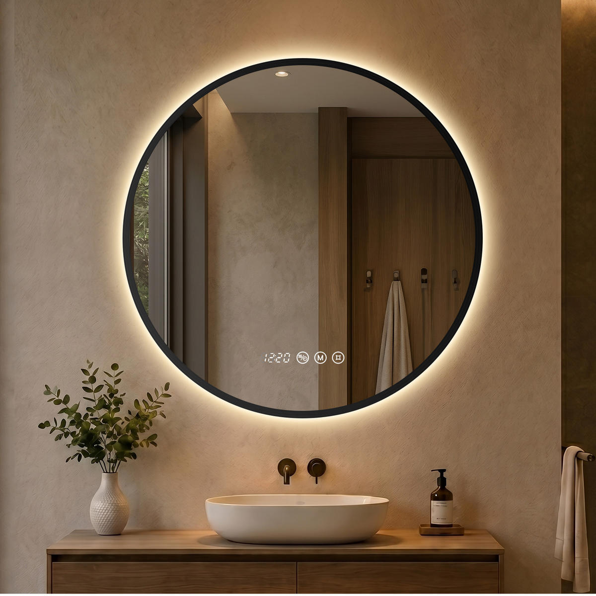 BADSPIEGEL mit Beleuchtung 70 cm rund schwarz mit Aluminiumrahmen, LED dimmbar und Antibeschlag - Schwarz, Glas (70/70/3.3cm) - S'AFIELINA