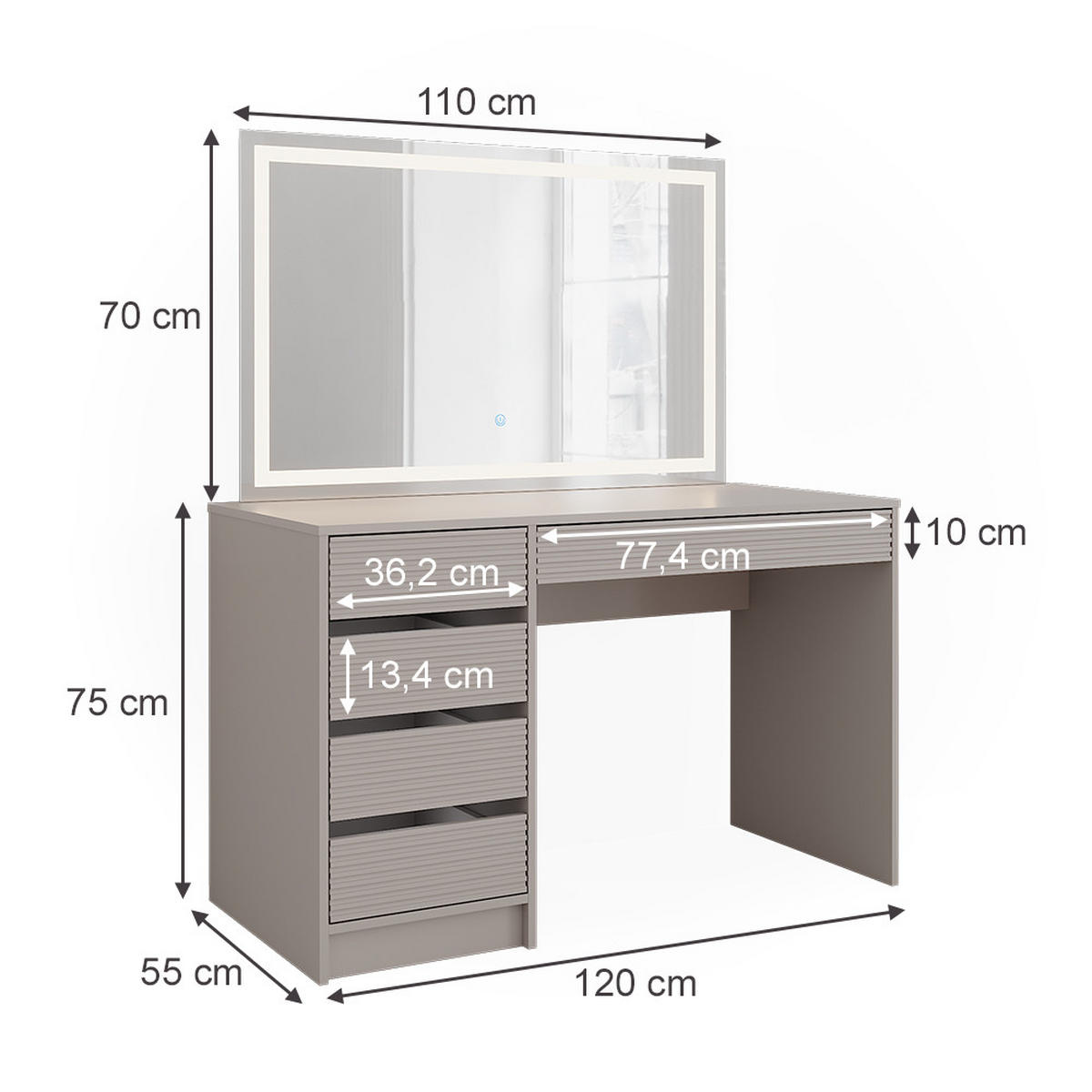 SCHMINKTISCH Sherry Cashmere 120 cm mit LED-Spiegel - Kaschmir, Holzwerkstoff (120/75/55cm) - Vicco