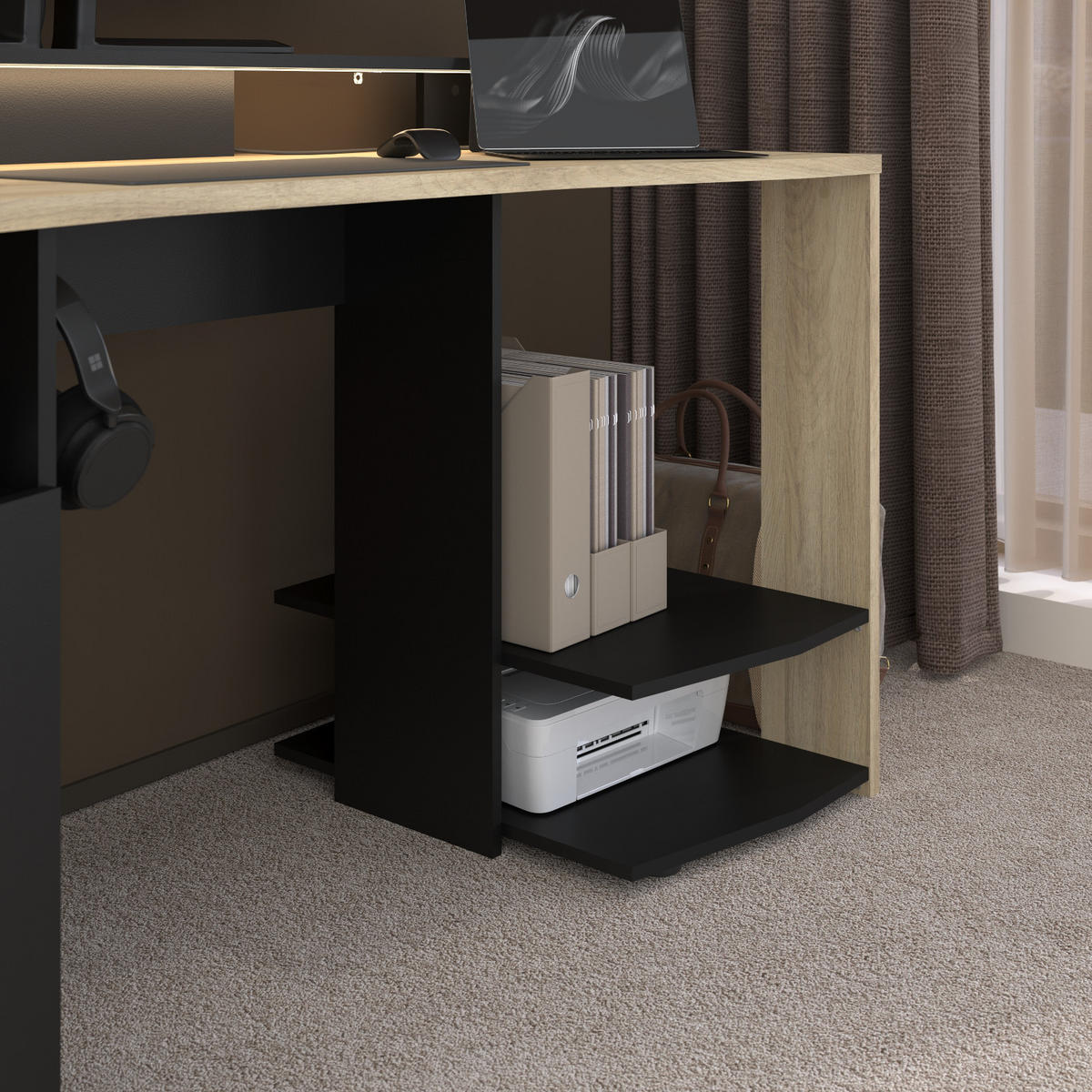 GAMINGTISCH Eiche, schwarz 152 cm, Gamer Schreibtisch inklusive LED mit Farbwechsel - Eichefarben/Schwarz, Holzwerkstoff/Metall (62/152/88cm) - Parisot Meuble