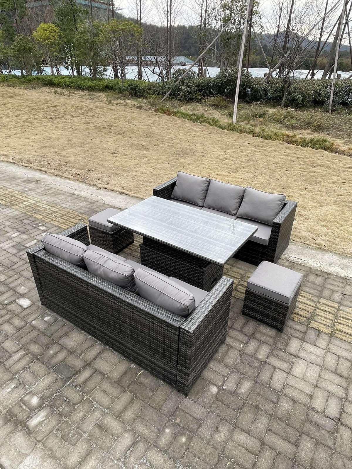 GARTENSET Polyrattan 8-Sitzer - Dunkelgrau/Grau, Glas/Kunststoff - Fimous