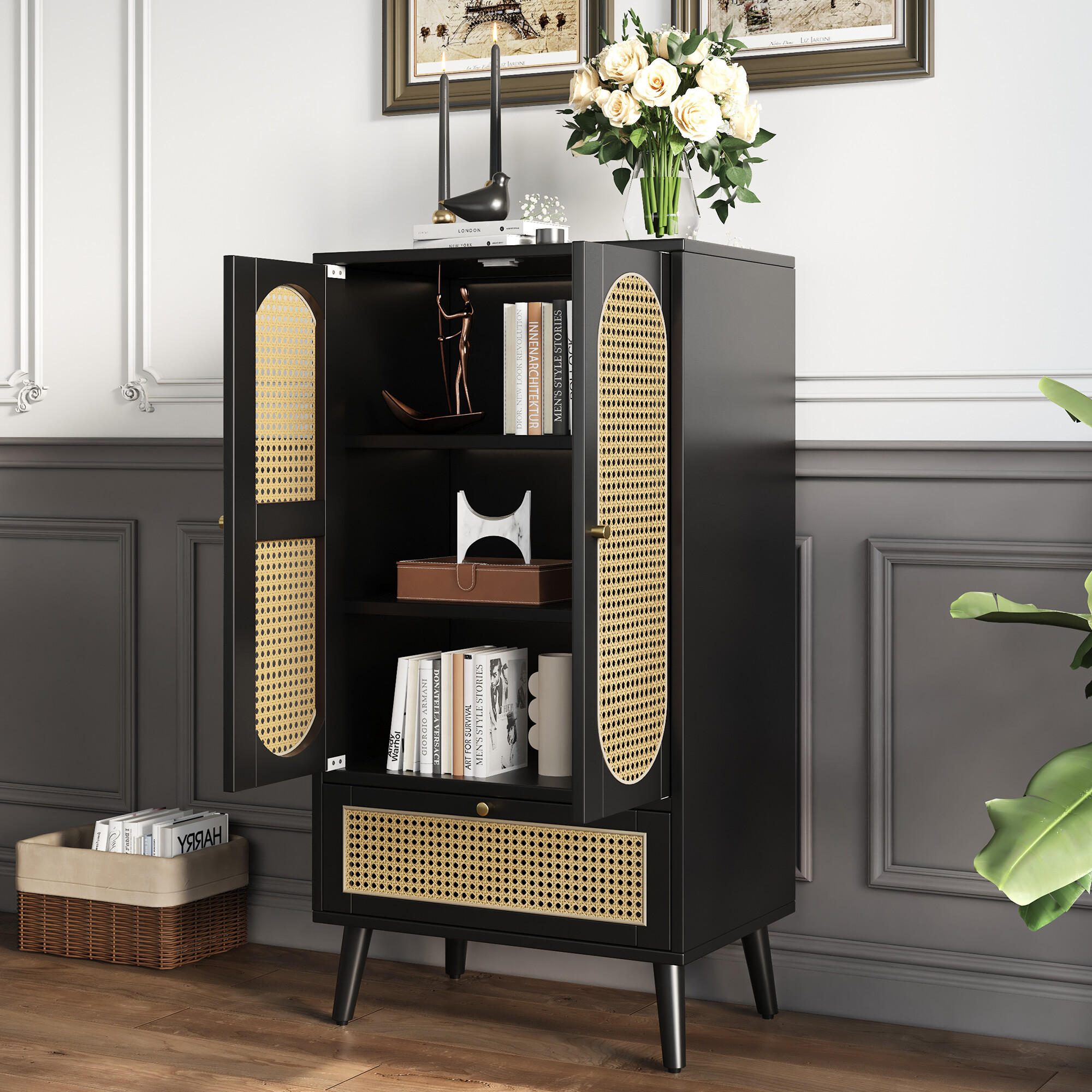 HIGHBOARD Aus Rattan Schwarz 60/40/110,5 cm - Schwarz, Holzwerkstoff/Metall (40/110.5/60cm) - Urban Meuble