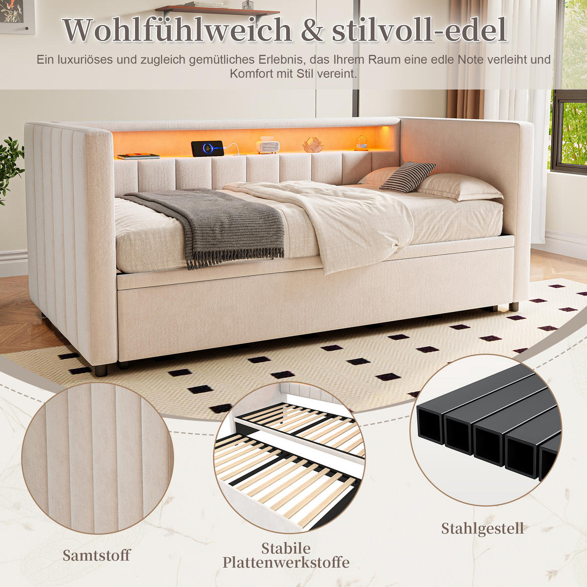 SCHLAFSOFA 90/190 cm in Beige Samt mit Ausziehbett, LED und USB-Type-C - Beige, Holzwerkstoff/Textil (90/190cm) - WISHDOR