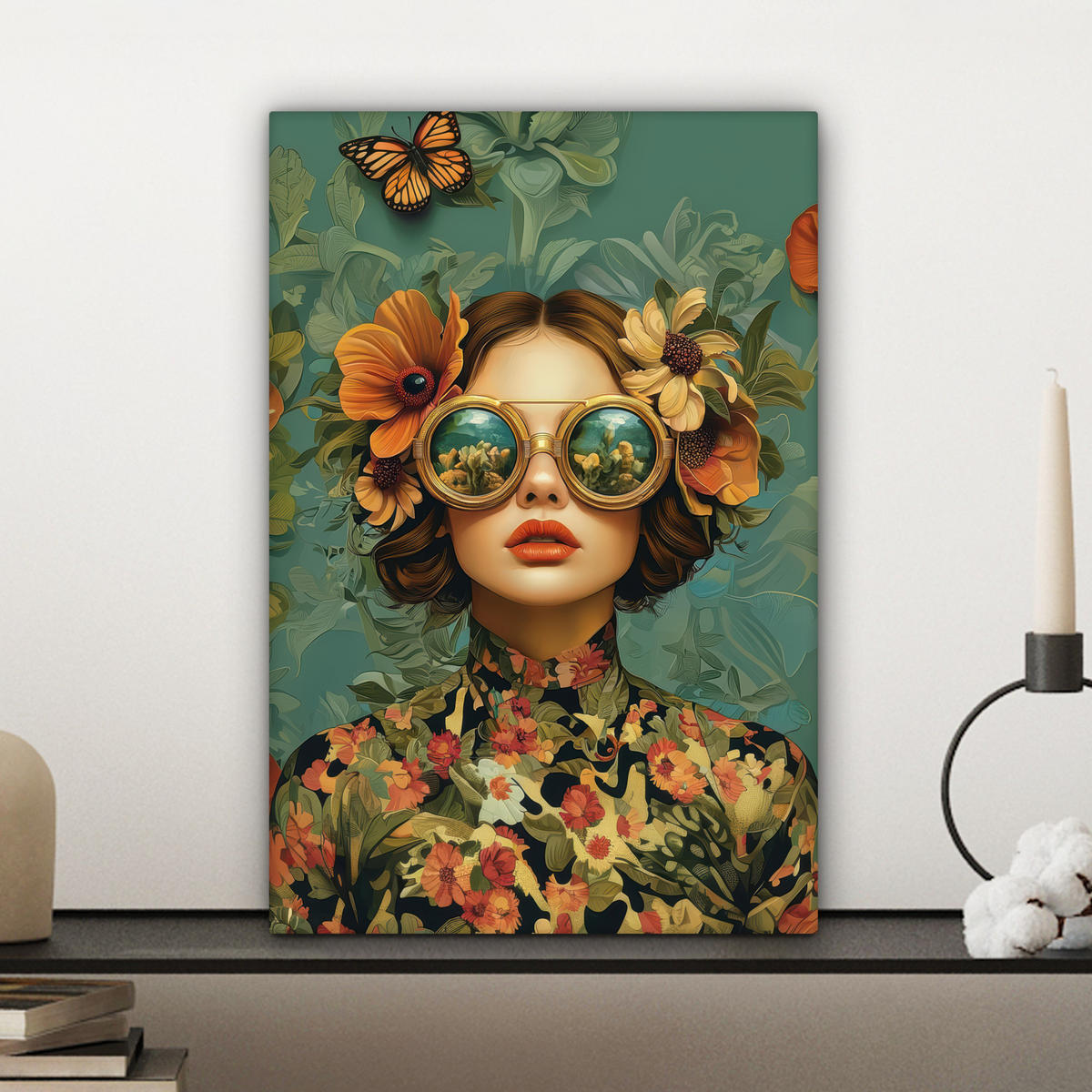 LEINWANDBILD Frau - Blumen - Schmetterlinge - Natur - Vintage Deko Wohnzimmer 20x30 cm - Salbeigrün, Textil (20/30cm) - MuchoWow