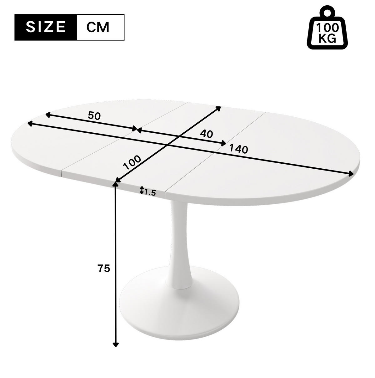 ESSTISCH 100/140/100/75 cm in Weiß, oval und ausziehbar - Weiß, Holzwerkstoff (100/140/75cm) - Flora Grace