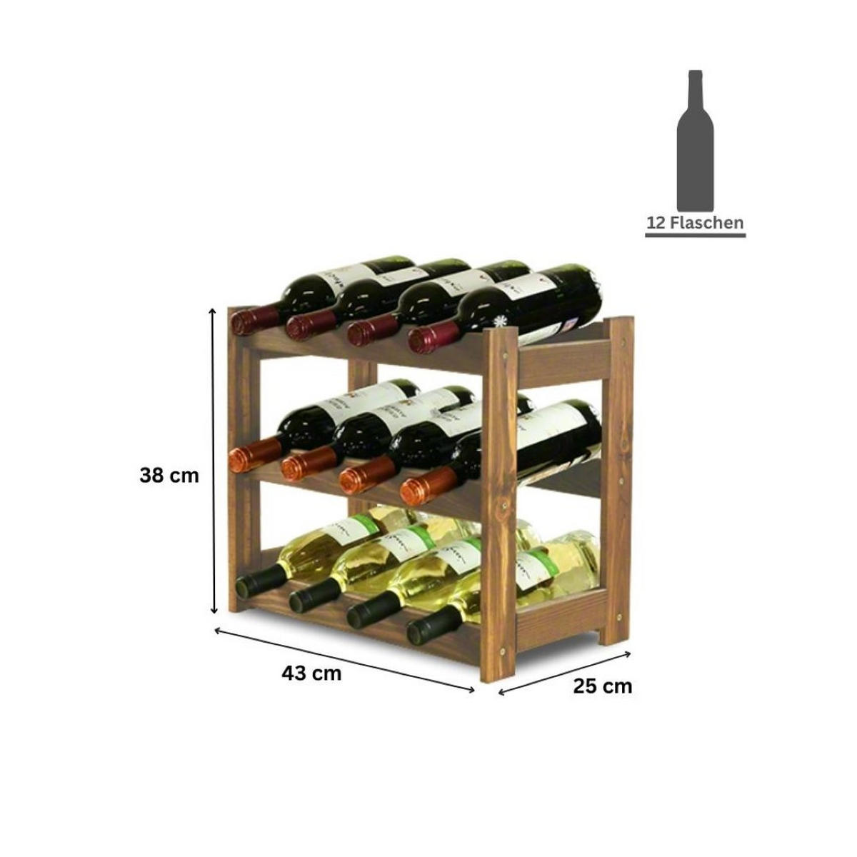 WEINREGAL Pinotwine 38x43x25 cm 12 Flaschen Massives Kiefernholz Braun Geölt - Braun, Holz (43/38/25cm) - PROREGAL