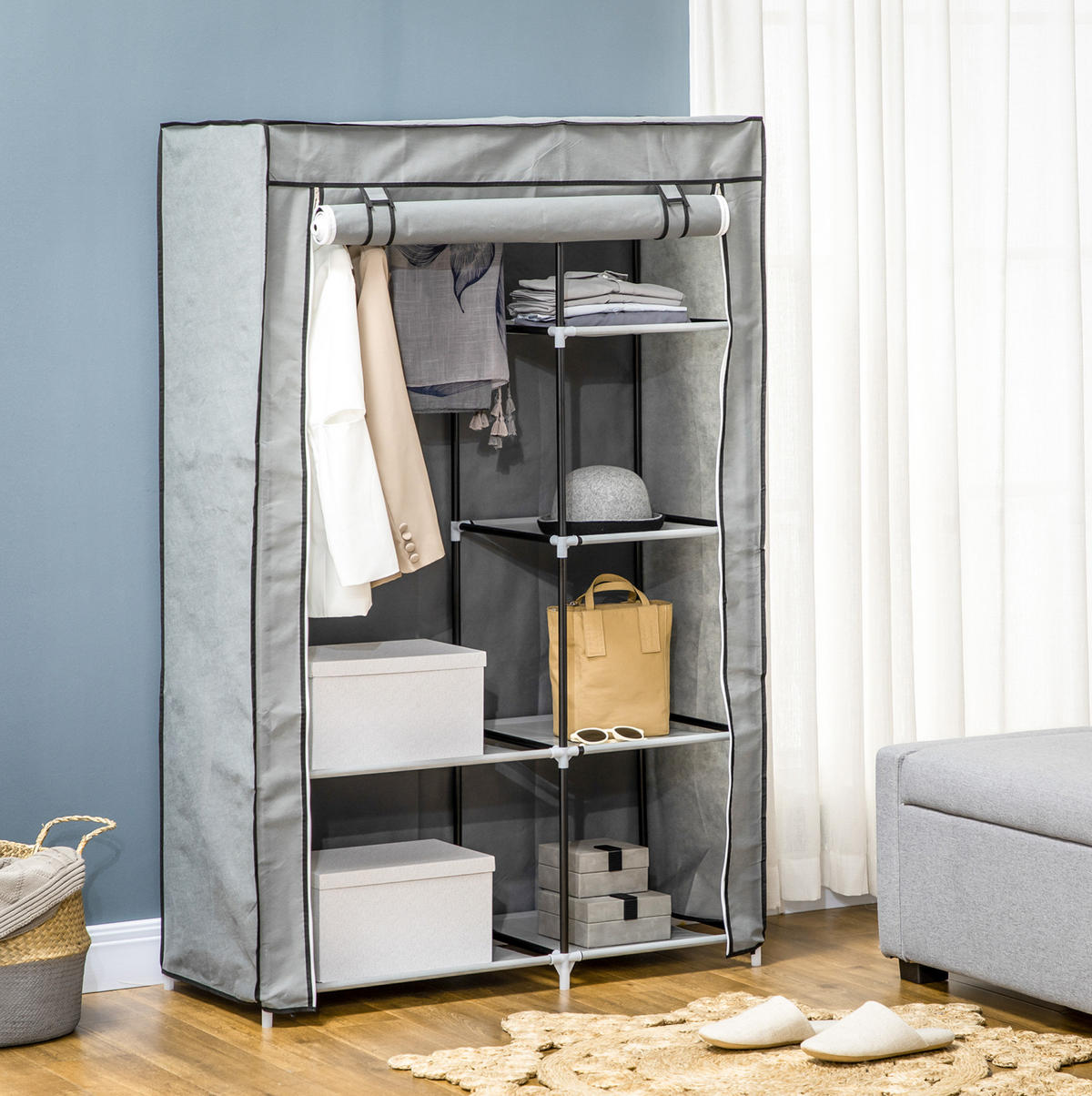 KLEIDERSCHRANK 103/162,5/43 cm Grau aus Stoff mit 6 Fächern - Grau, Textil (43/162.5/103cm) - OKMYHOME