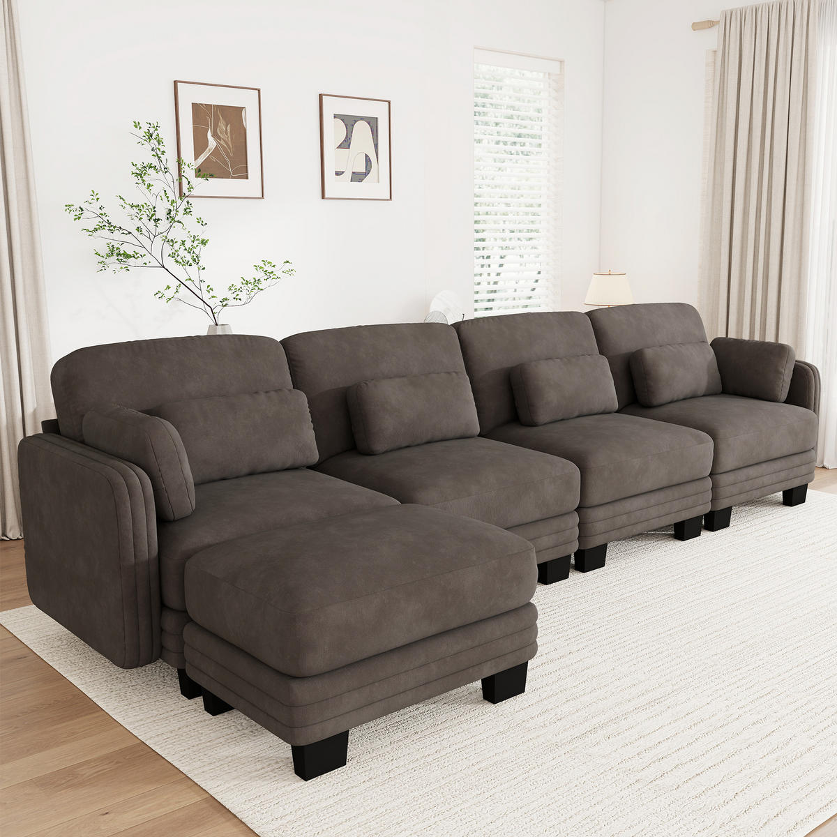 ECKSOFA L-Form 4-Sitzer modular mit Ottomane, DE-42686, Braun - Braun, Holz (330/143cm) - ComfortXL