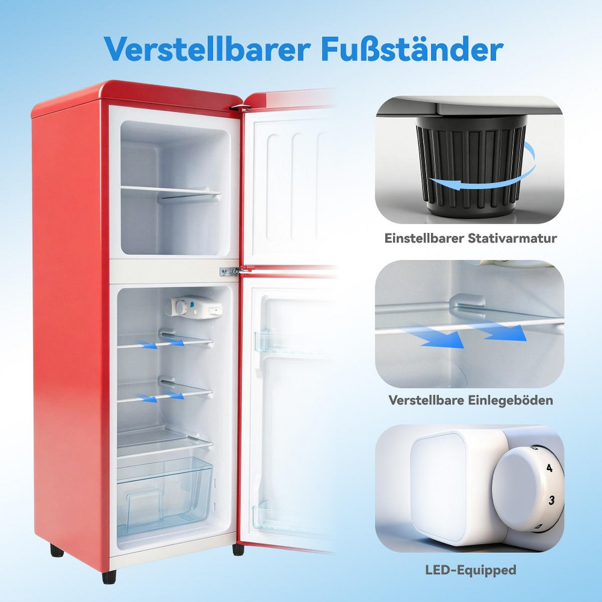 KÜHL-GEFRIER-KOMBINATION mit Gefrierfach, 112L KOMPAKTKÜHLSCHRANK, 7 Temperaturstufen, Rot, für Büro und Küche, 41/114,5/48,5 cm - Rot, Metall (47.5/121.5/47.5cm) - Rolipo